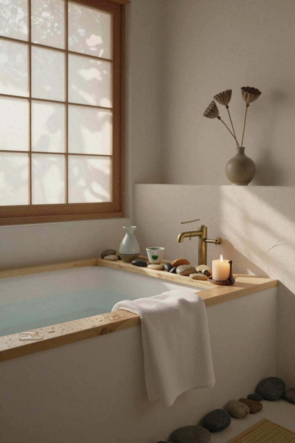 white japanese bathroom with natural hinoki wood soaking tub beneath translucent rice paper screen