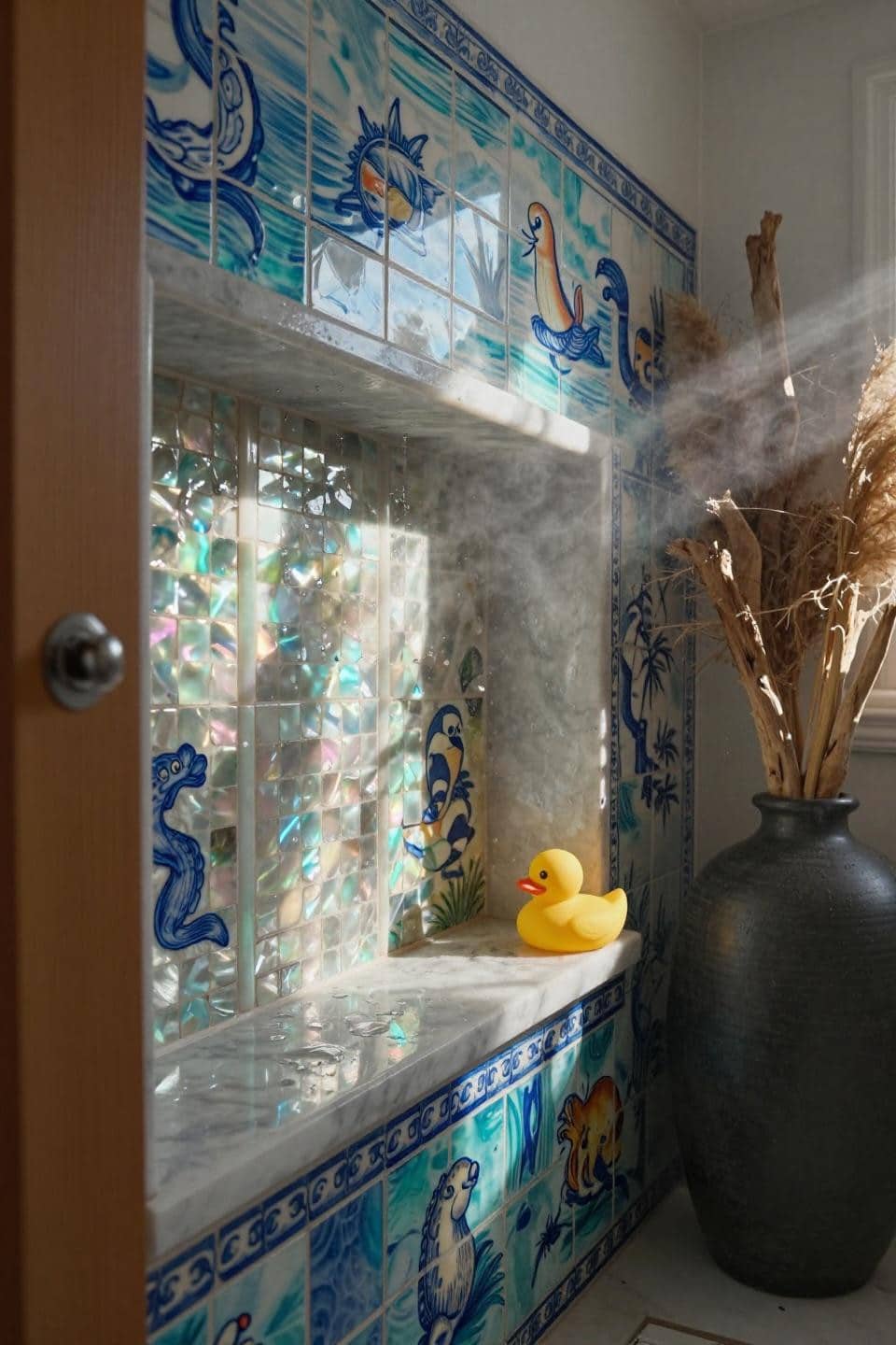 Kids Bathroom Decor - iridescent tile shower niche