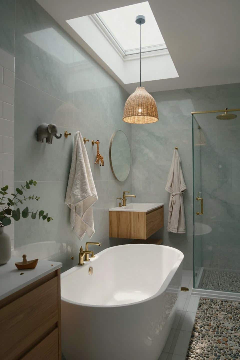 Small Kids Bathroom - freestanding tub under skylight