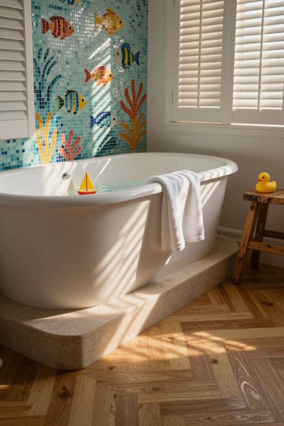 Kid Friendly Bathroom - recessed bathtub with mosaic wall