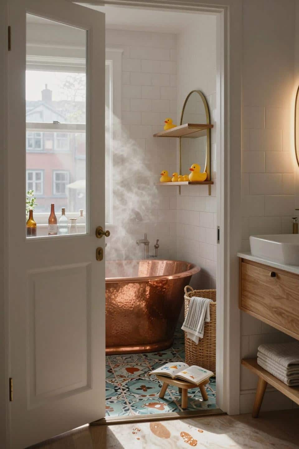 Colorful Kids Bathroom - copper soaking tub with patina