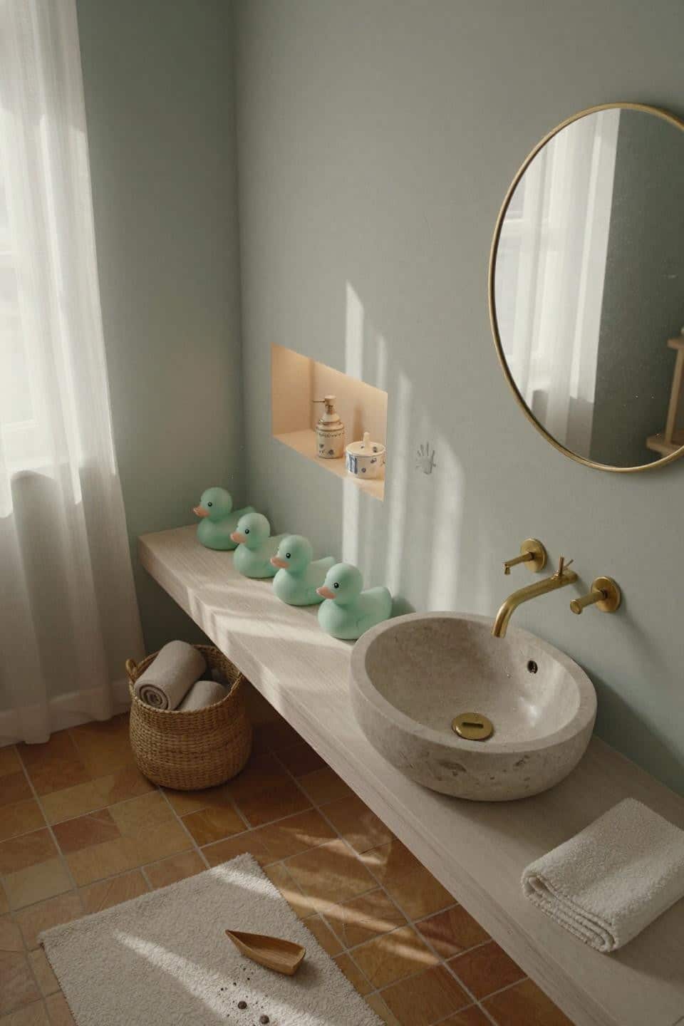 Childrens Bathroom Ideas - terracotta tile with brass fixtures