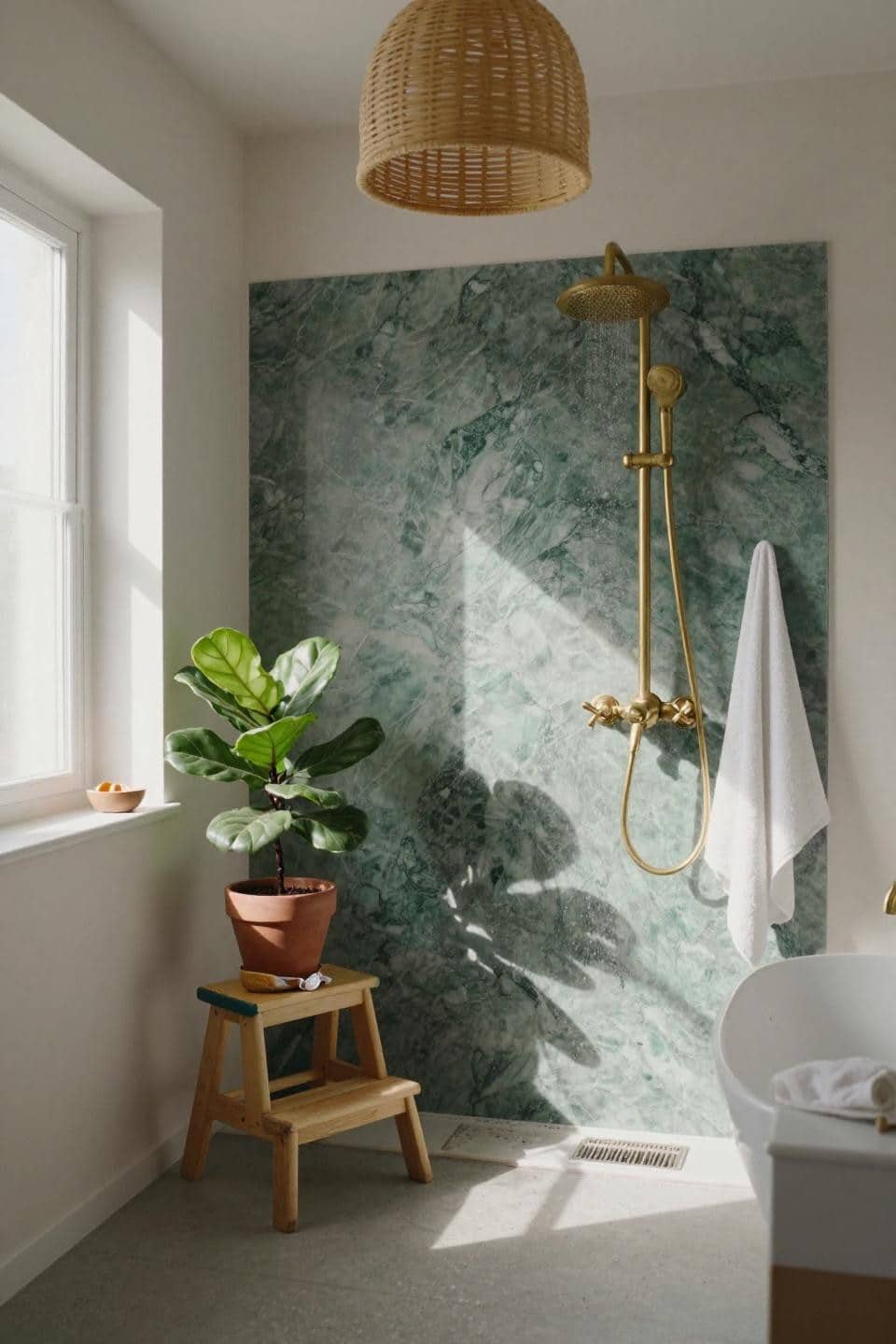 Kids Bathroom Remodel - green marble accent wall