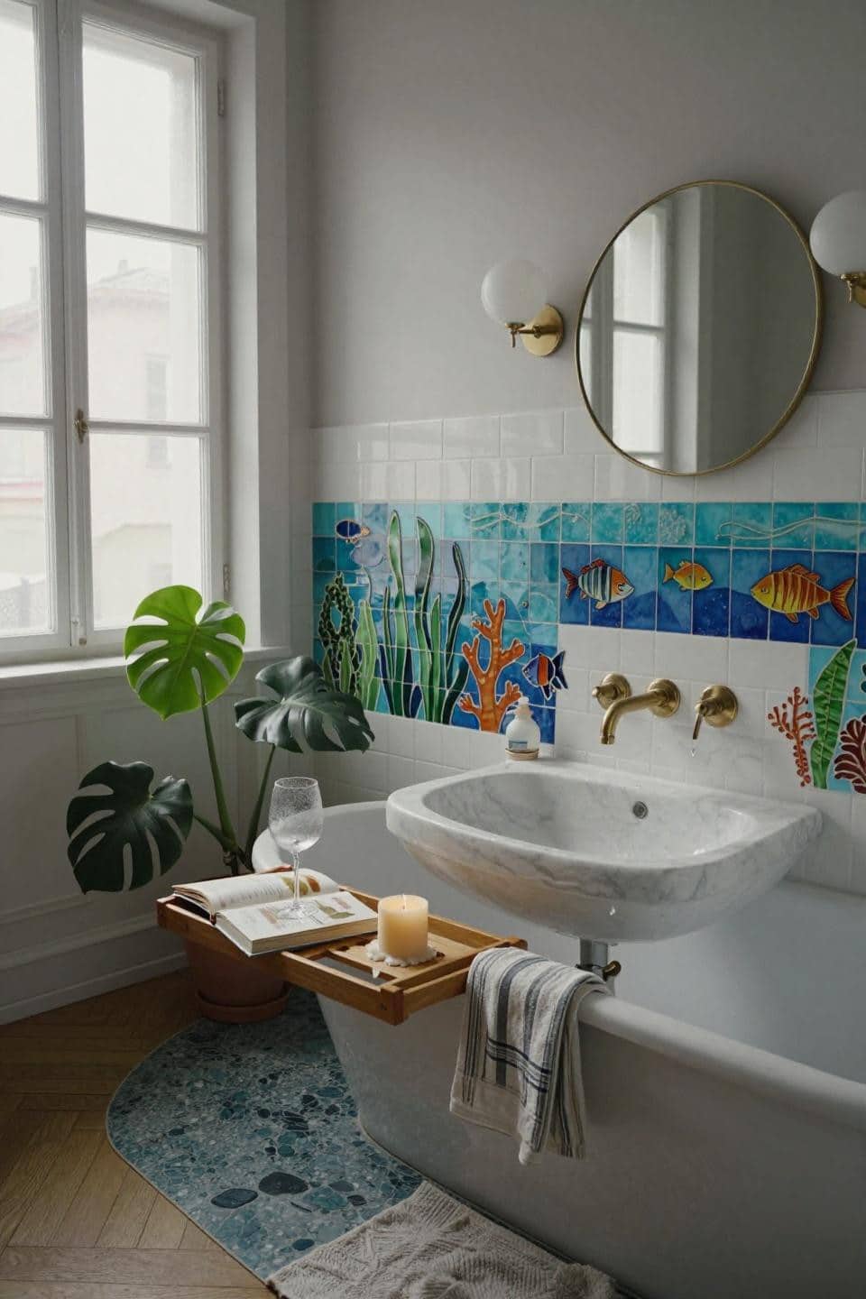 Modern Kids Bathroom - dual brass faucets over marble trough