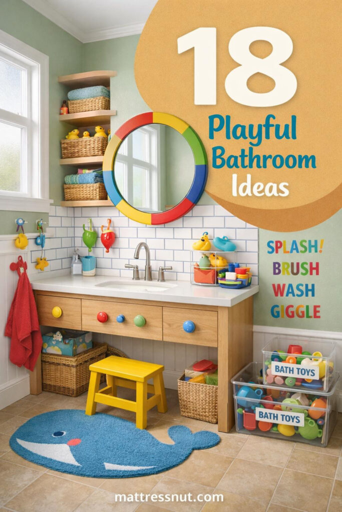 Colorful kids bathroom featuring bright tiles, playful storage solutions, child-height sink, and whimsical decor elements