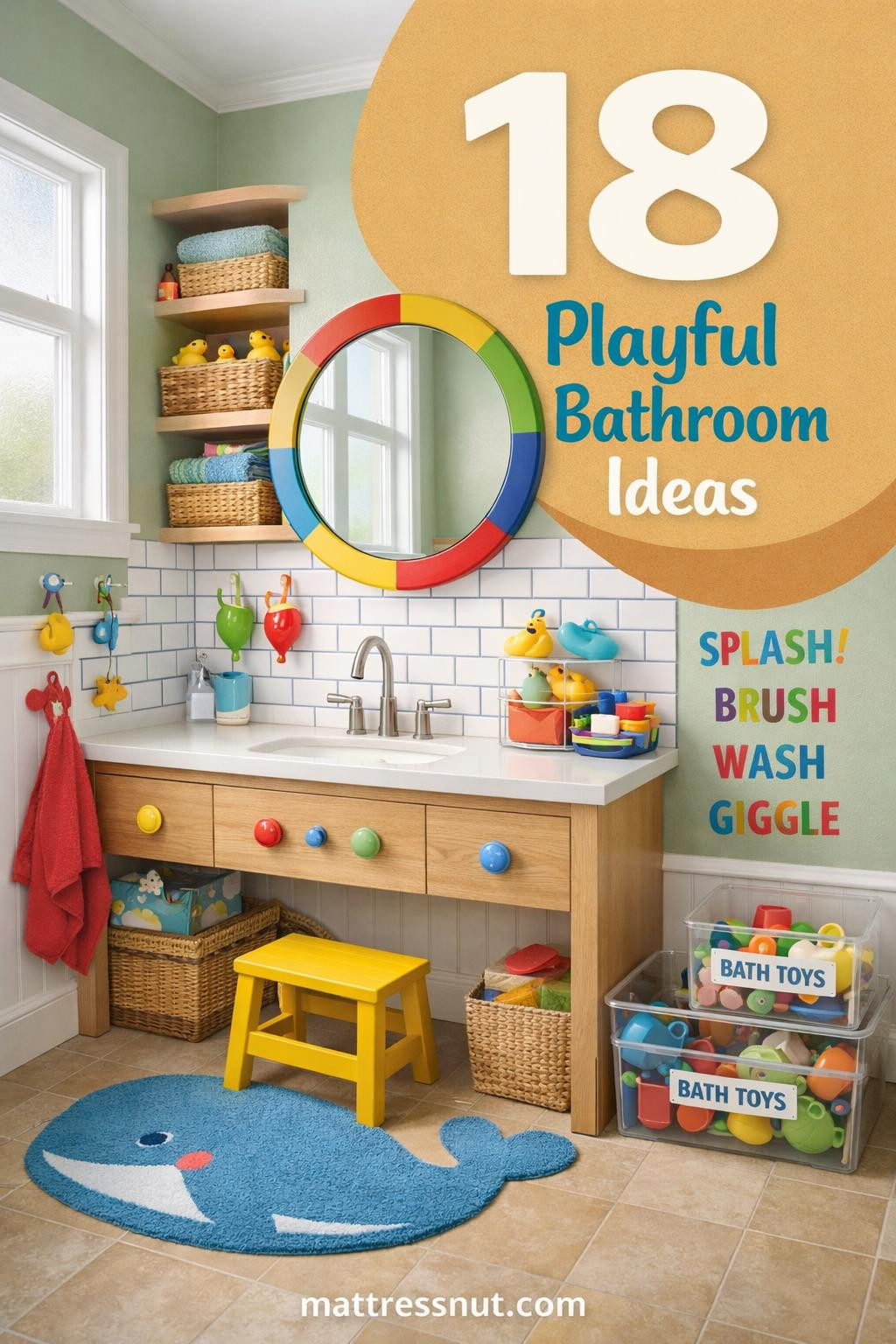 Colorful kids bathroom featuring bright tiles, playful storage solutions, child-height sink, and whimsical decor elements