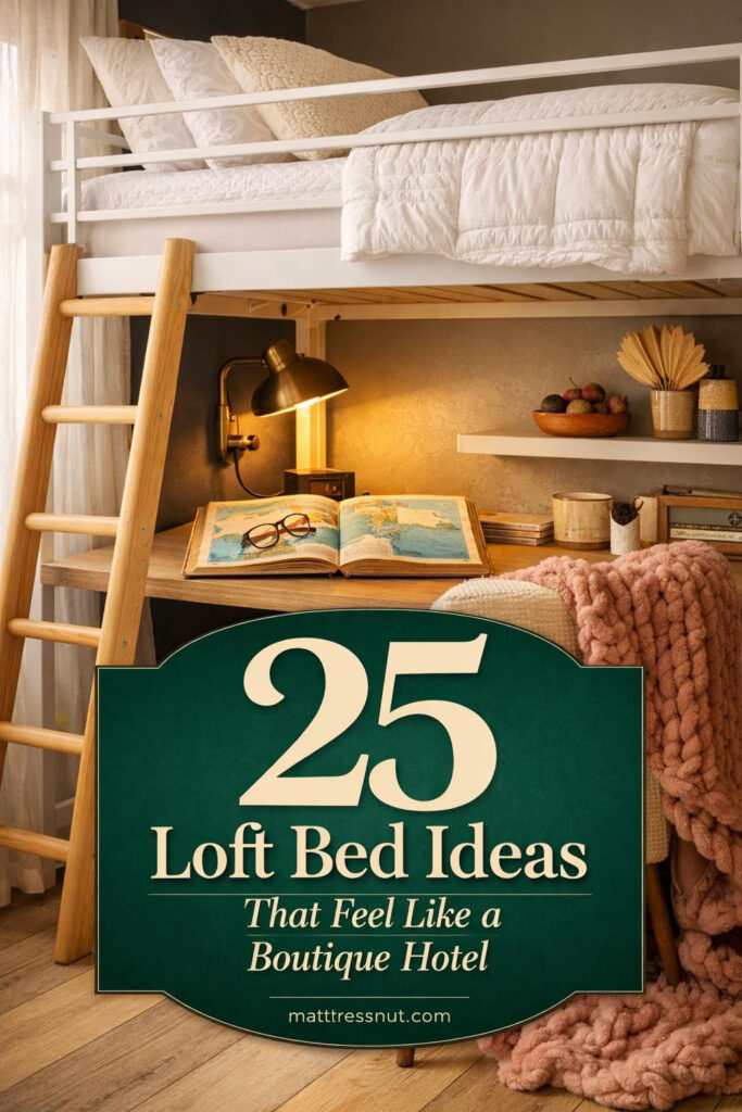 Elevated loft bed with white bedding, wooden ladder, string lights, plants on shelves, and neutral textiles in modern bedroom