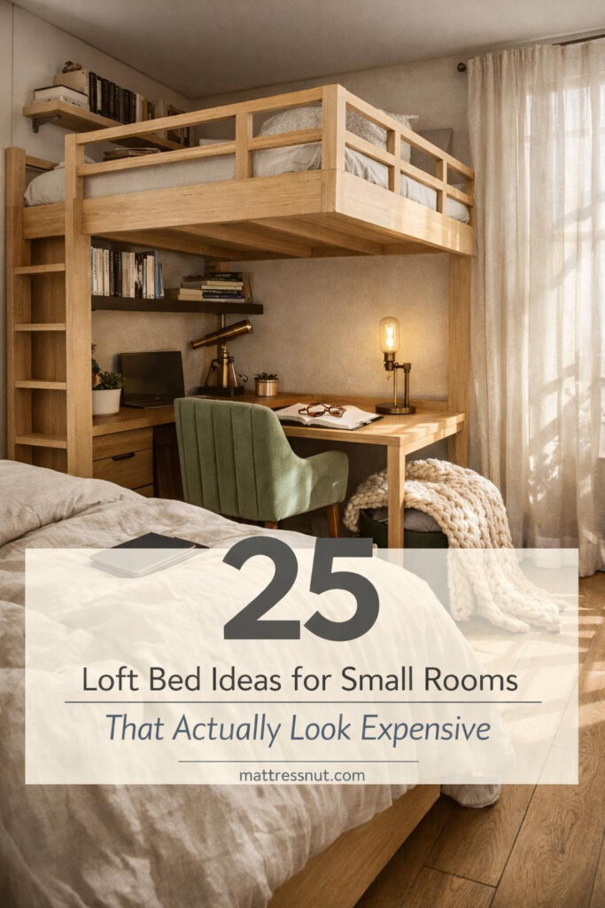 White loft bed with built-in desk underneath, ladder access, and floating shelves in compact bedroom with natural light