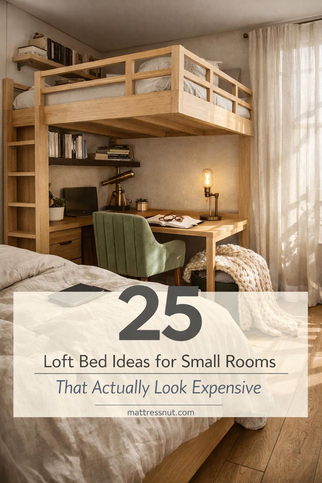 White loft bed with built-in desk underneath, ladder access, and floating shelves in compact bedroom with natural light