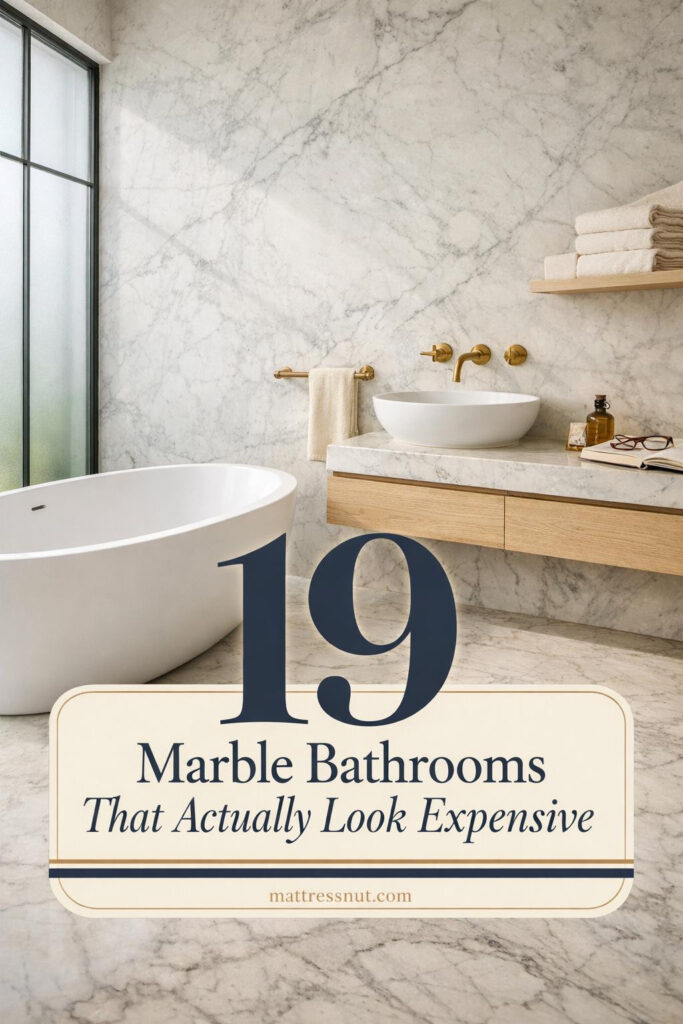 Spacious bathroom featuring white marble walls, gold fixtures, freestanding tub, and elegant vanity with natural light