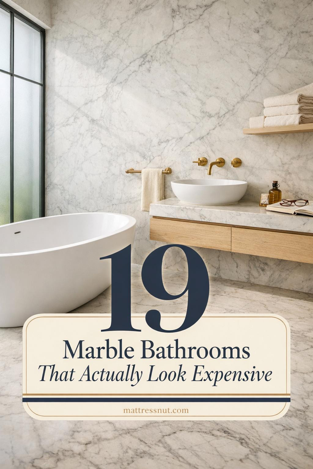 Spacious bathroom featuring white marble walls, gold fixtures, freestanding tub, and elegant vanity with natural light