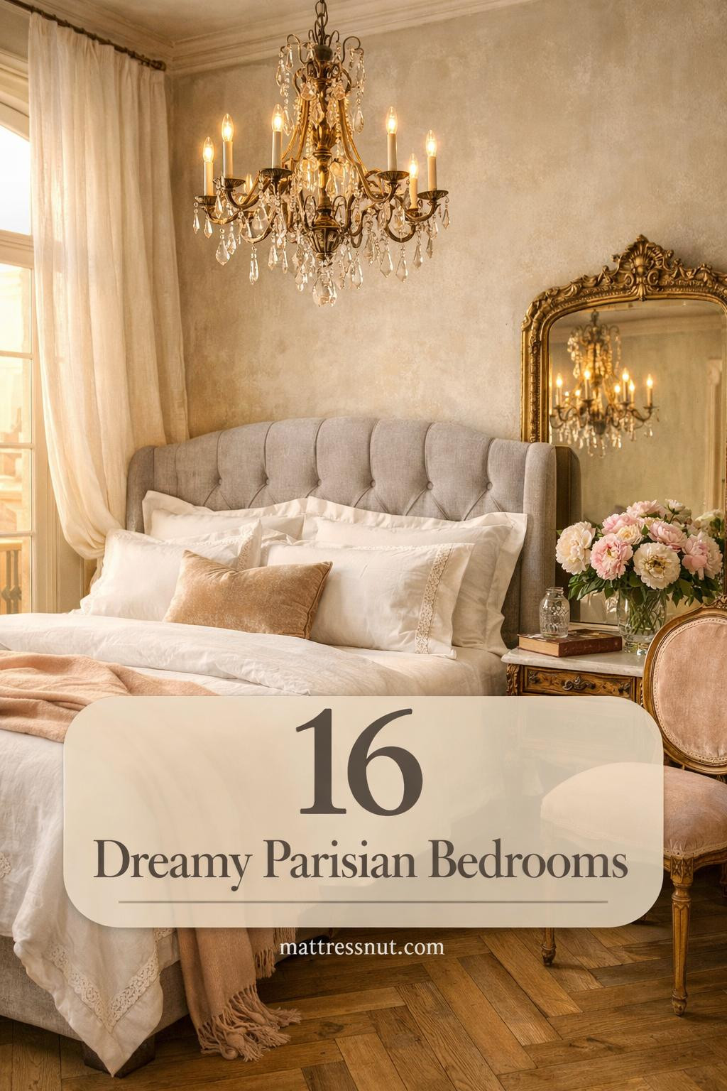 Elegant master bedroom featuring plush velvet bedding, crystal chandelier, soft cream walls, tufted headboard, and French-inspired decor