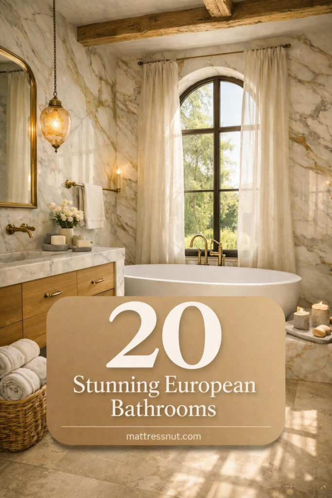 Elegant marble bathroom with large windows, freestanding tub, brass fixtures, and soft morning sunlight streaming across white stone surfaces