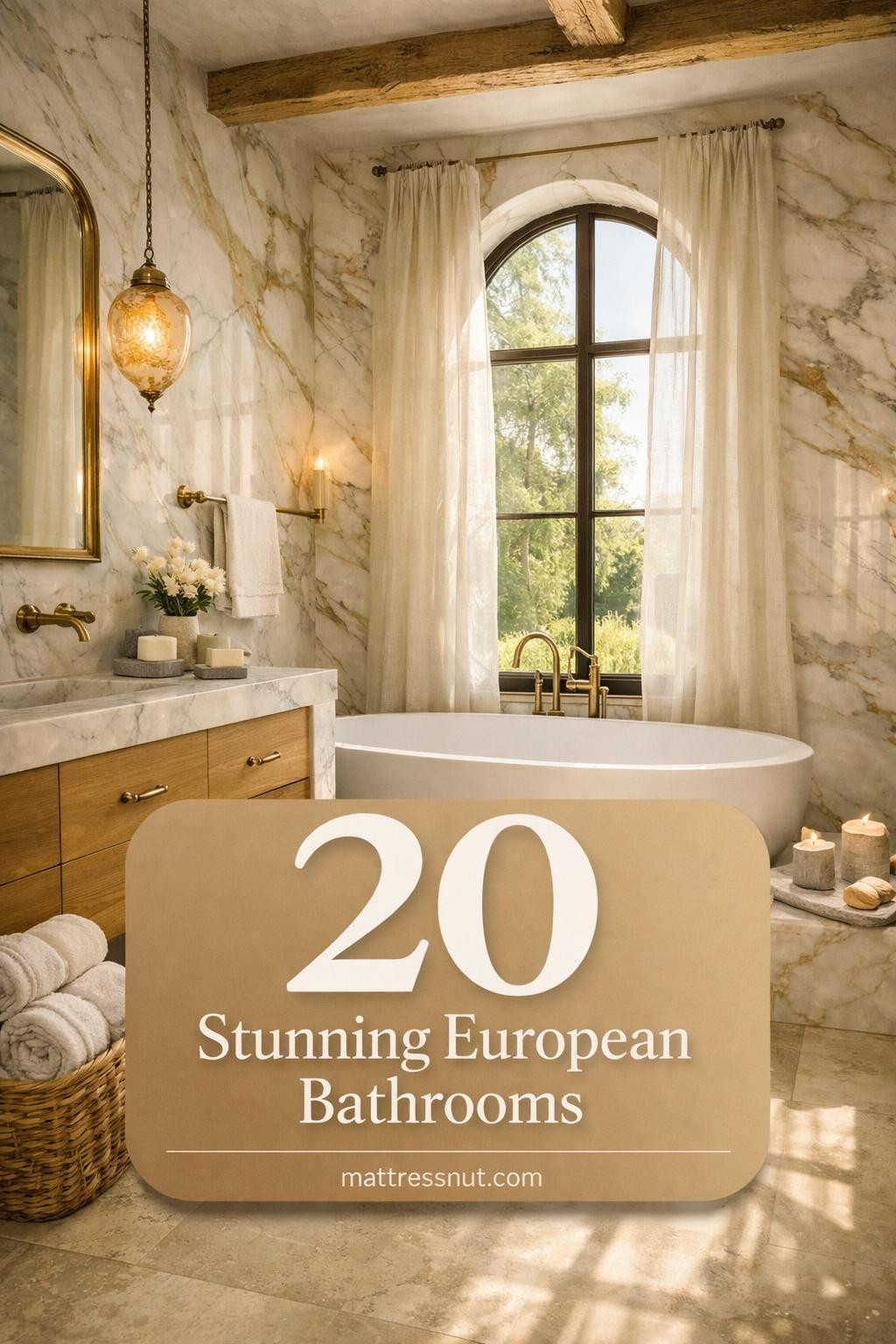 Elegant marble bathroom with large windows, freestanding tub, brass fixtures, and soft morning sunlight streaming across white stone surfaces