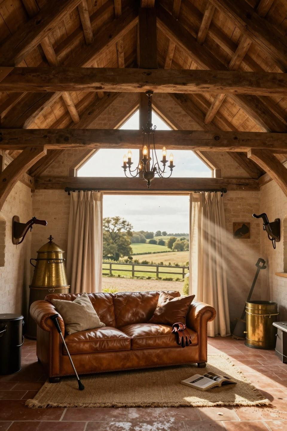 horse stables design with soaring cathedral ceiling and antique grain bin in cotswolds gable-end barn