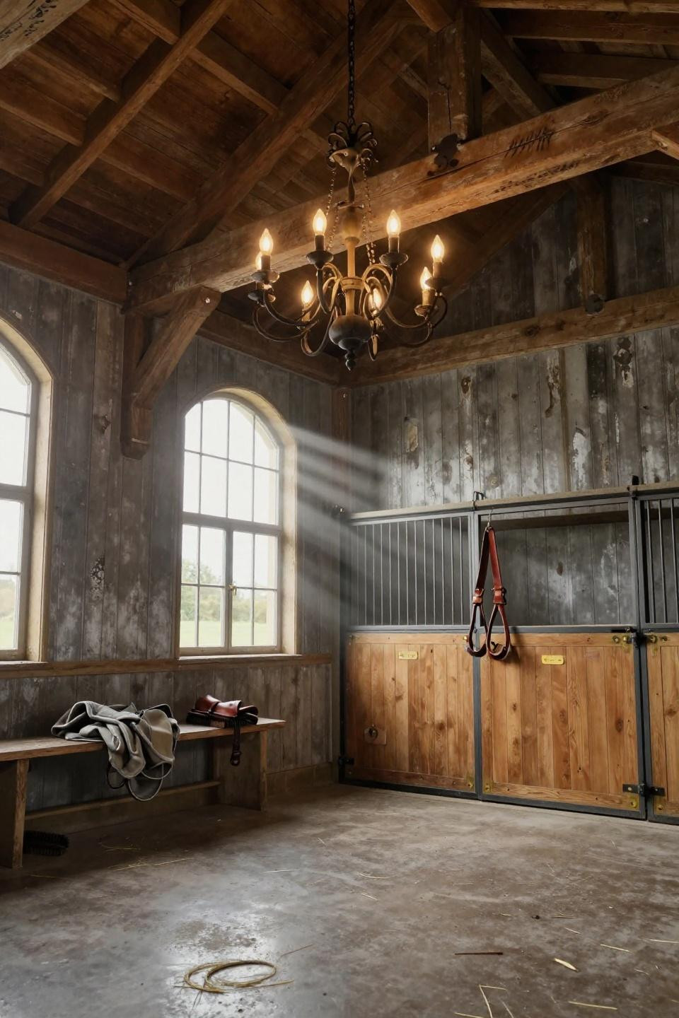 beautiful horse barns interior with weathered gray siding and hand-forged iron chandelier in cotswolds stone estate