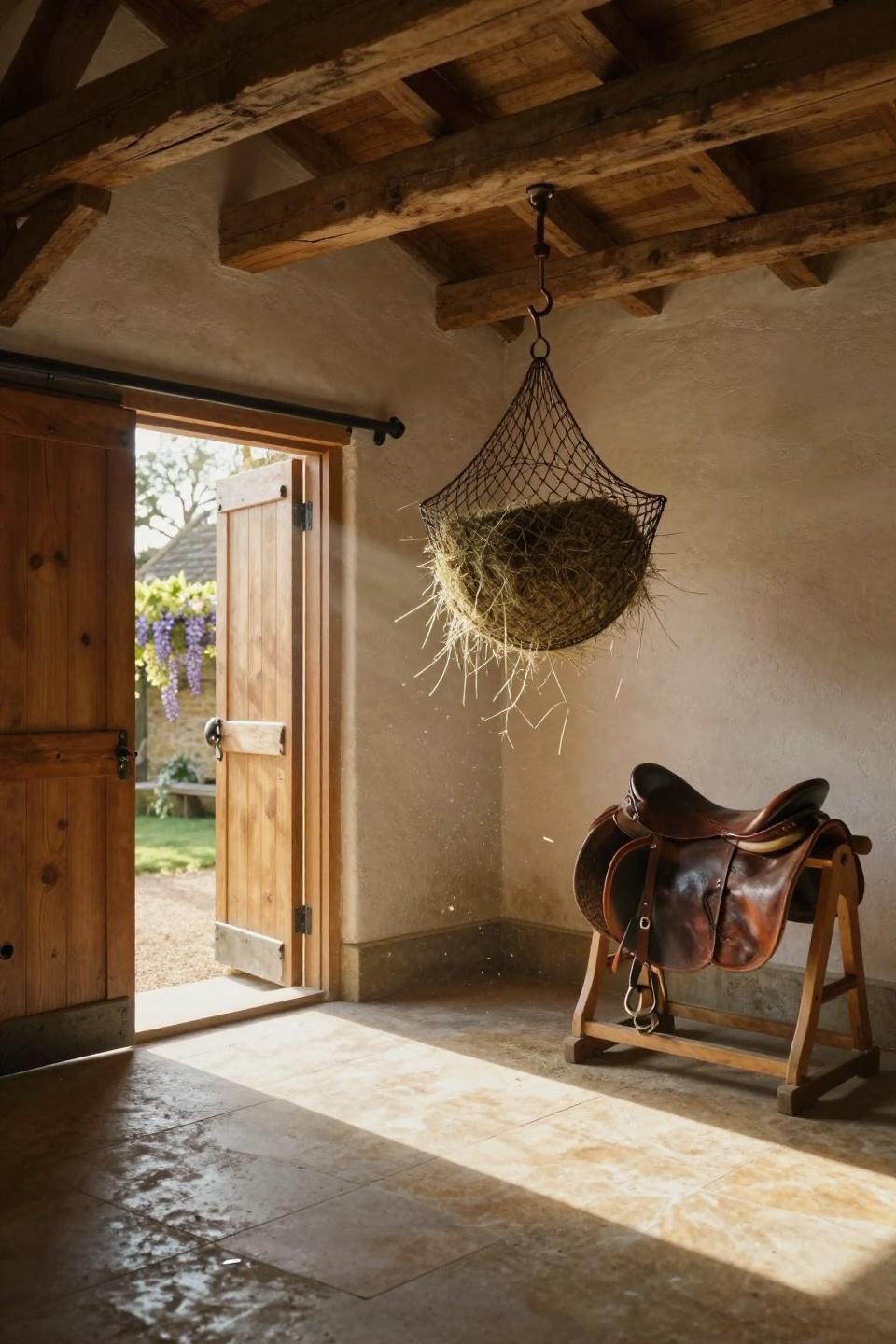 horse barn interior with rough-hewn limestone flooring and reclaimed oak sliding doors in cotswolds estate