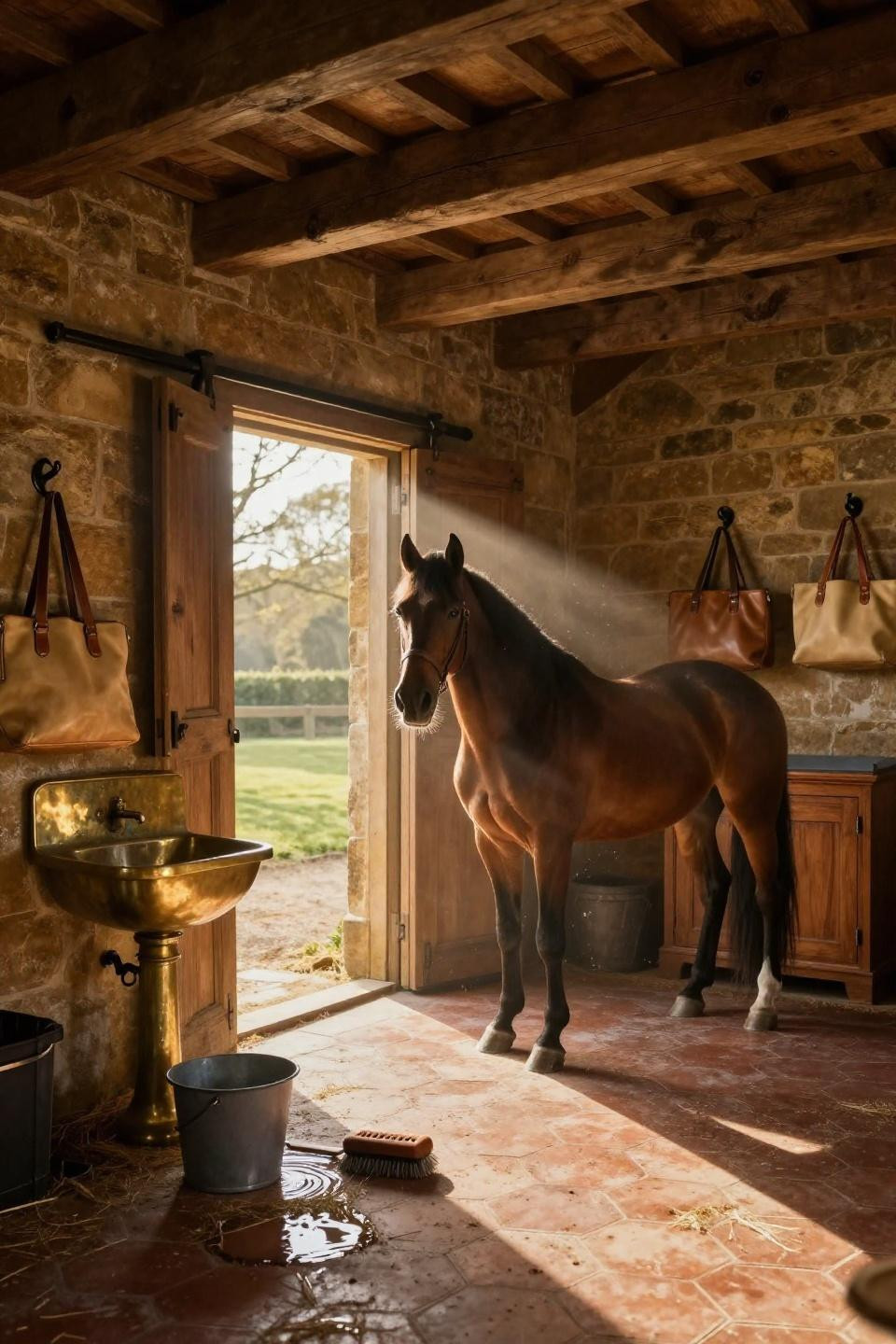 luxury horse stables grooming station with unlacquered brass fixtures and reclaimed oak beams in converted stone barn