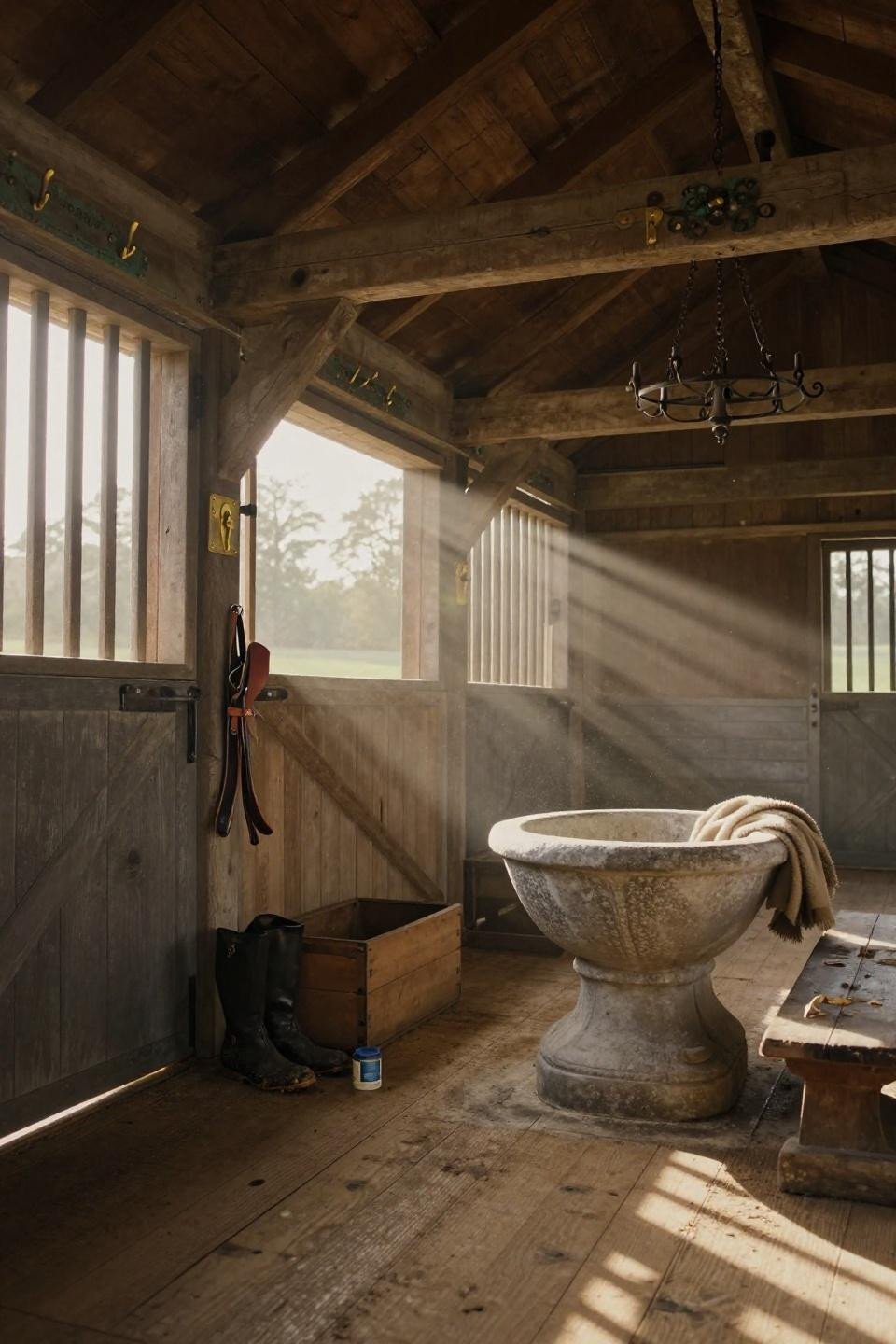equestrian stables with wide vertical planks and hand-forged wrought iron chandelier in cotswolds crib barn