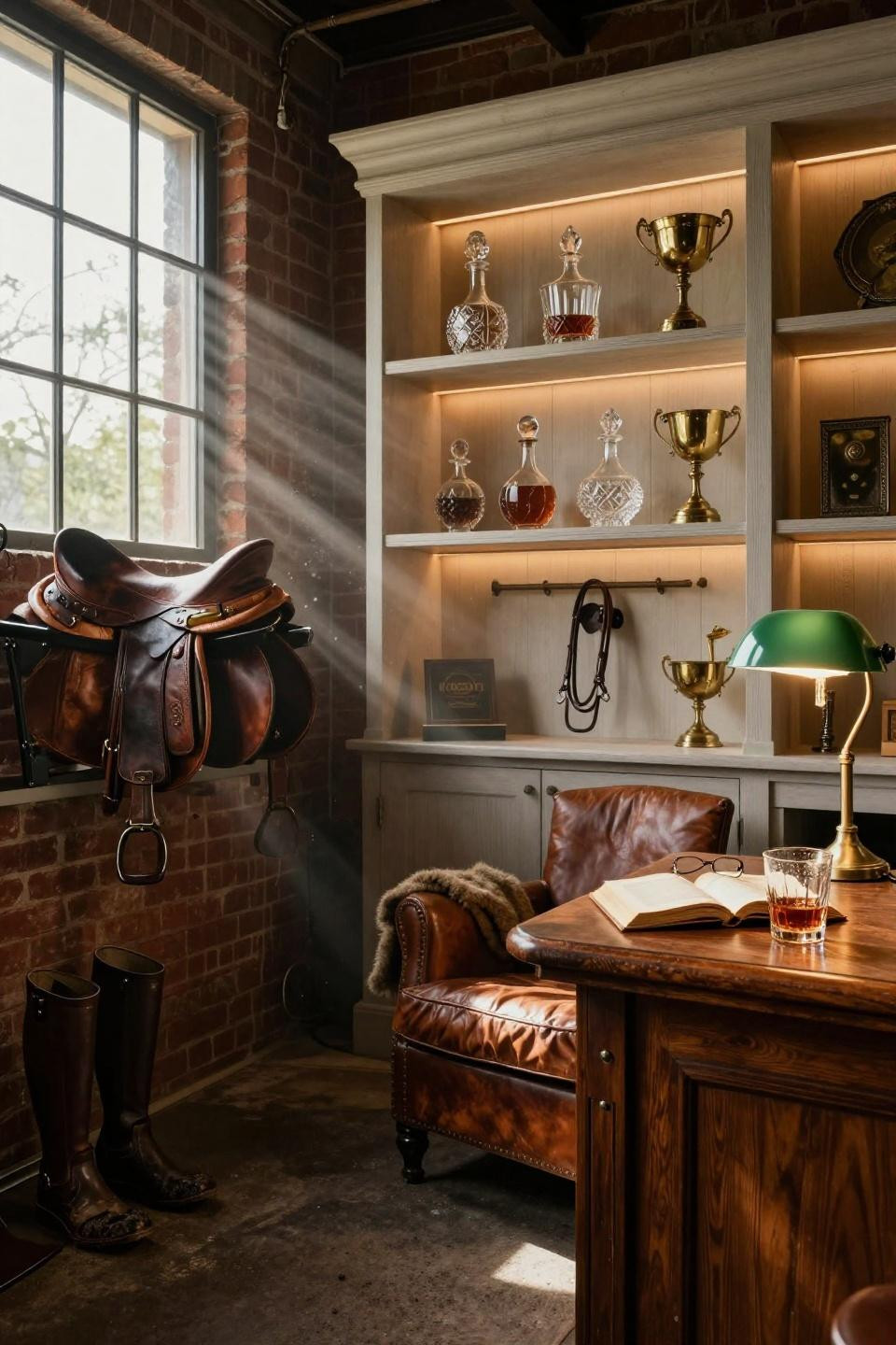 luxury equestrian tack room with honey toned white oak whiskey shelf and LED backlighting in kentucky bluegrass estate