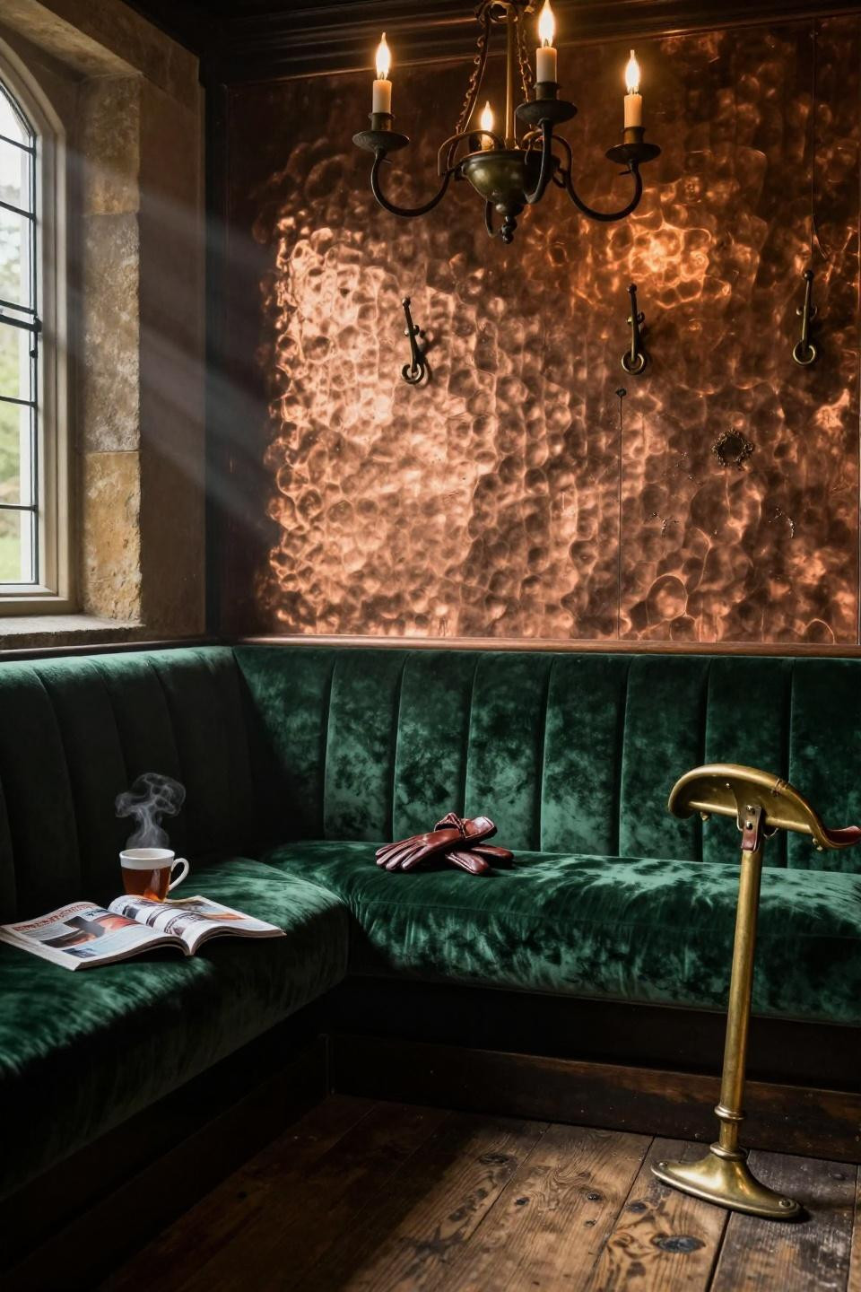 horse feed storage area with forest green velvet banquette and hammered copper wall panels under iron chandelier with candles