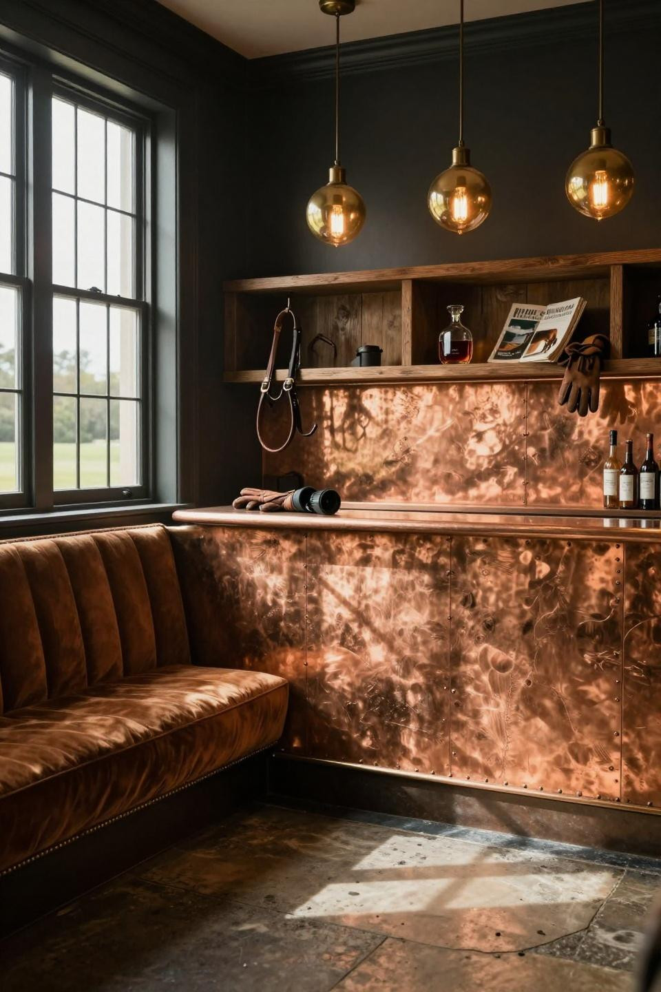 stall fronts area with hand hammered copper backsplash bar and cognac velvet banquette in kentucky equestrian estate