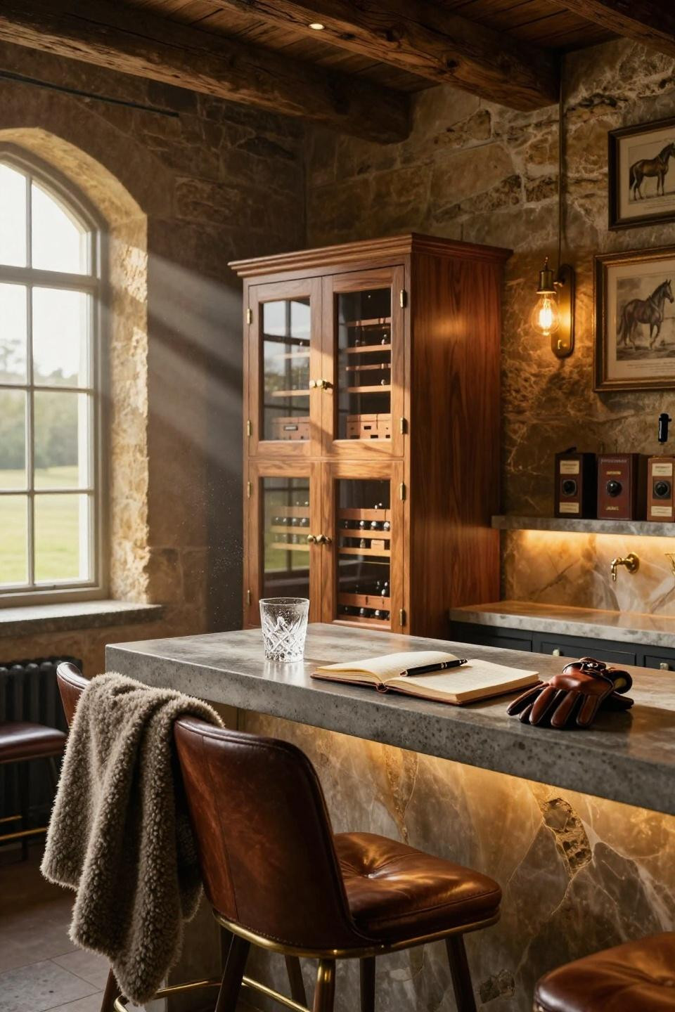 small horse barn layout with climate controlled walnut humidor cabinet and polished concrete bar in cotswolds stable