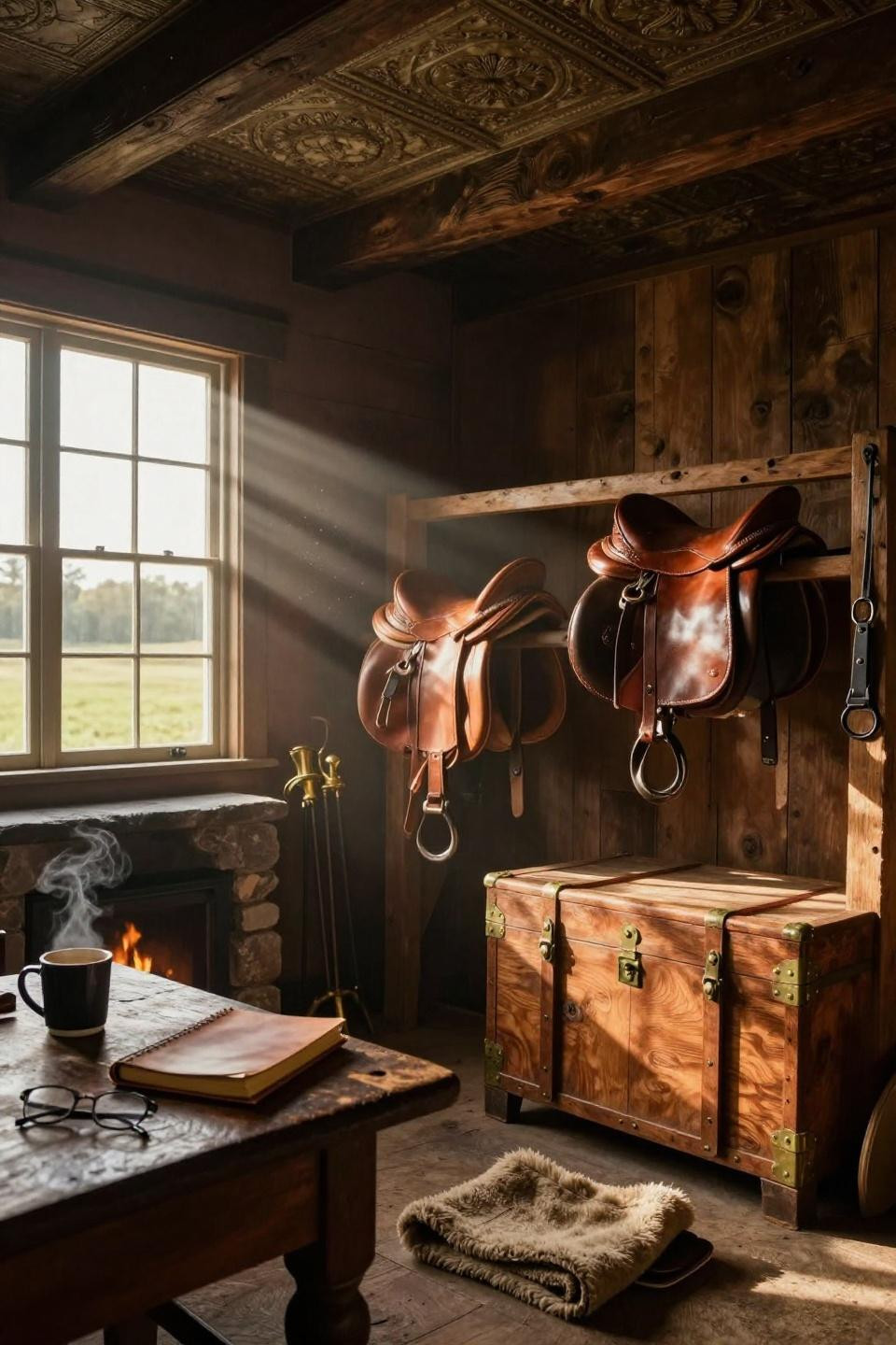 horse barn storage with stone fireplace and embossed vintage tin ceiling tiles in kentucky bluegrass estate stable