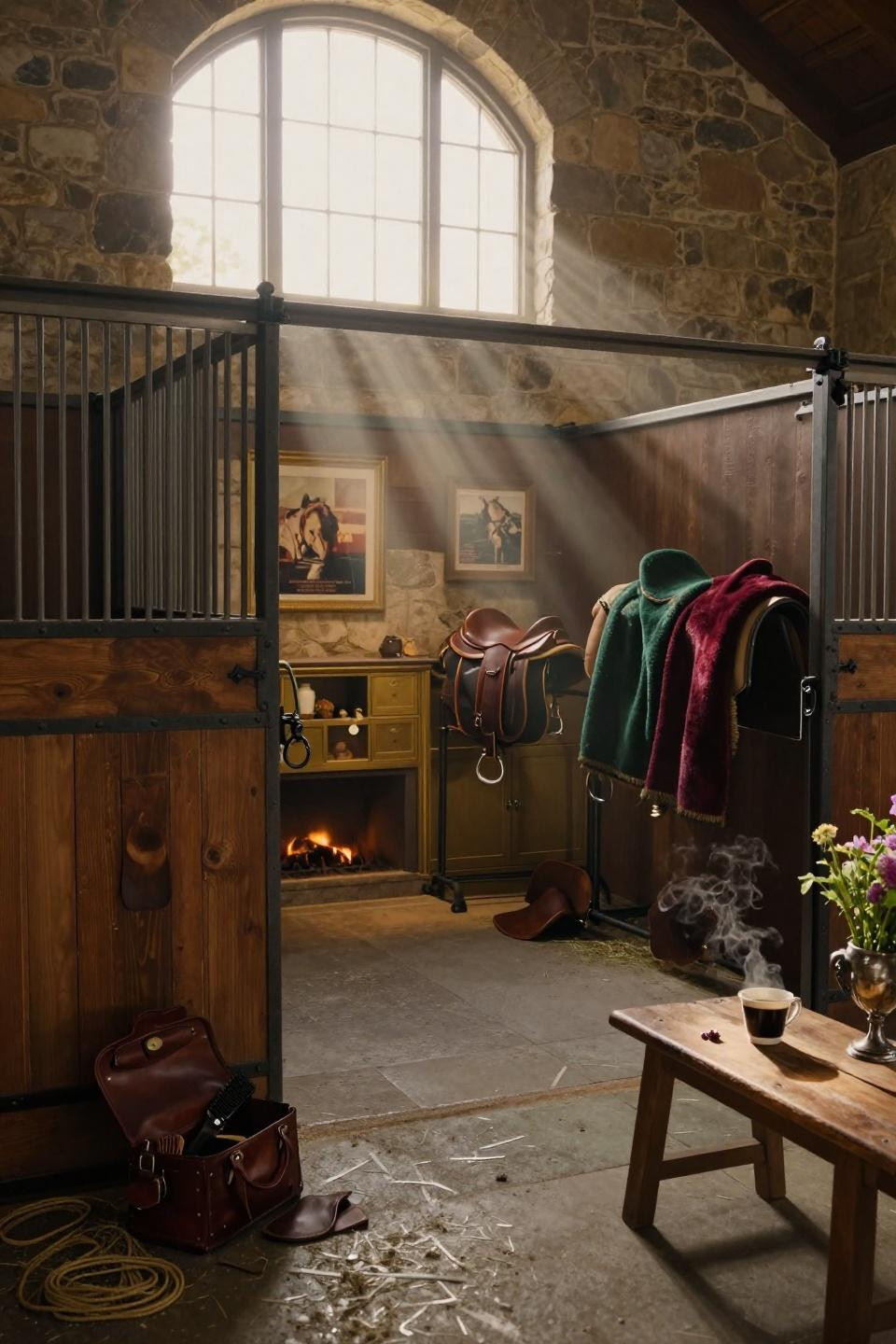 small horse barn ideas featuring vintage equestrian movie posters in gilded frames and reclaimed oak stall fronts with blackened steel