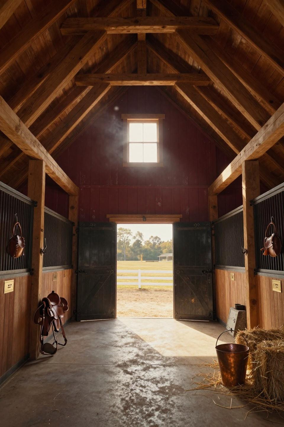 luxury horse barns with soaring gambrel roof and hand-hewn timber trusses in kentucky estate stable