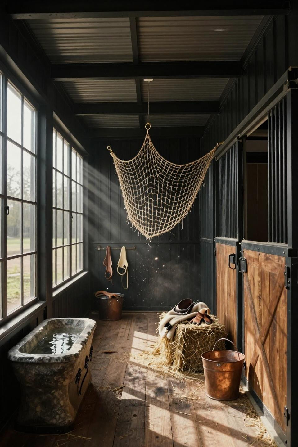 equestrian facility layout with matte black siding and floor-to-ceiling steel windows in modern connecticut estate