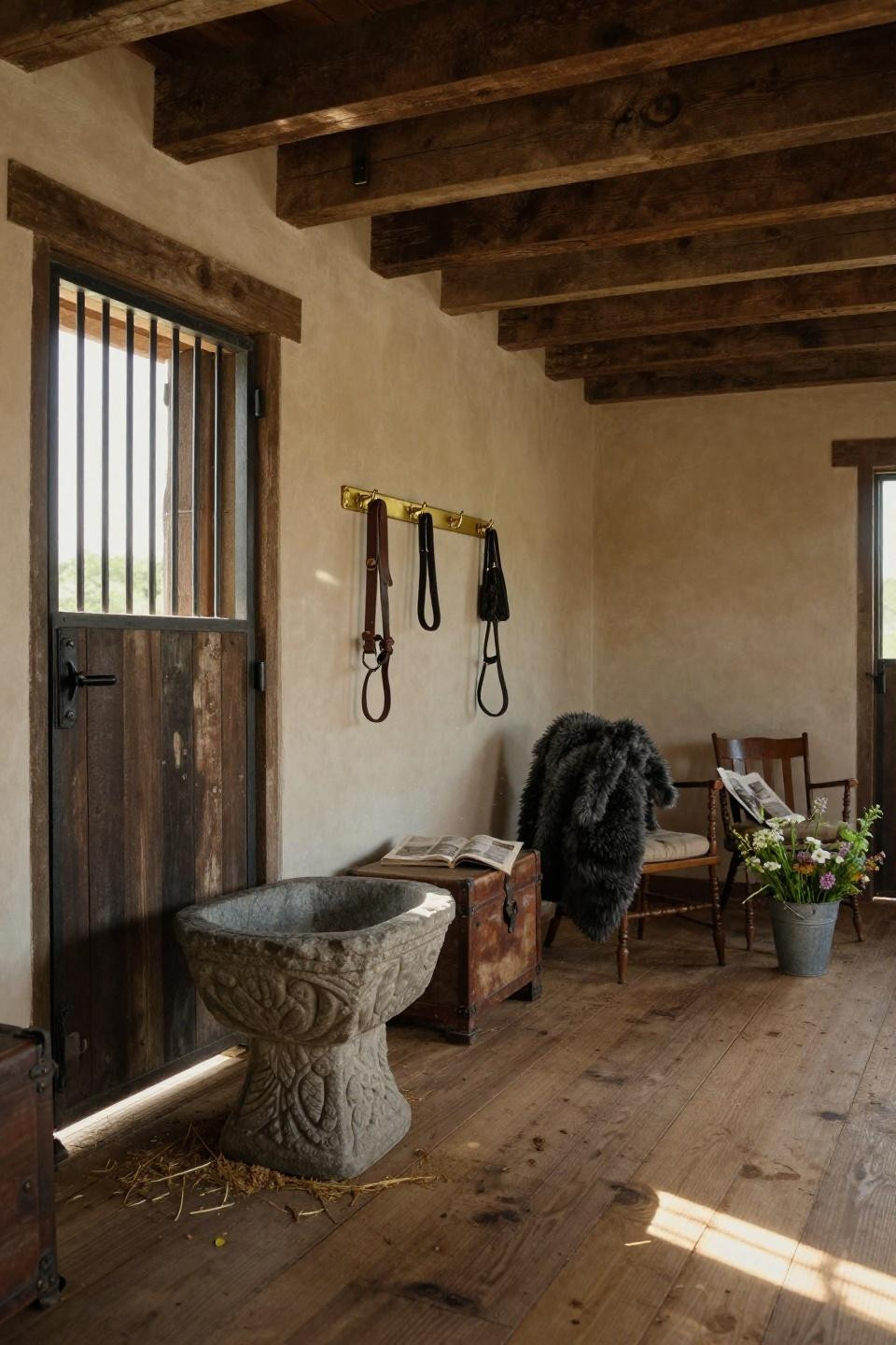 equestrian stables aisle with hand-carved limestone trough and black iron dutch doors in kentucky bluegrass estate