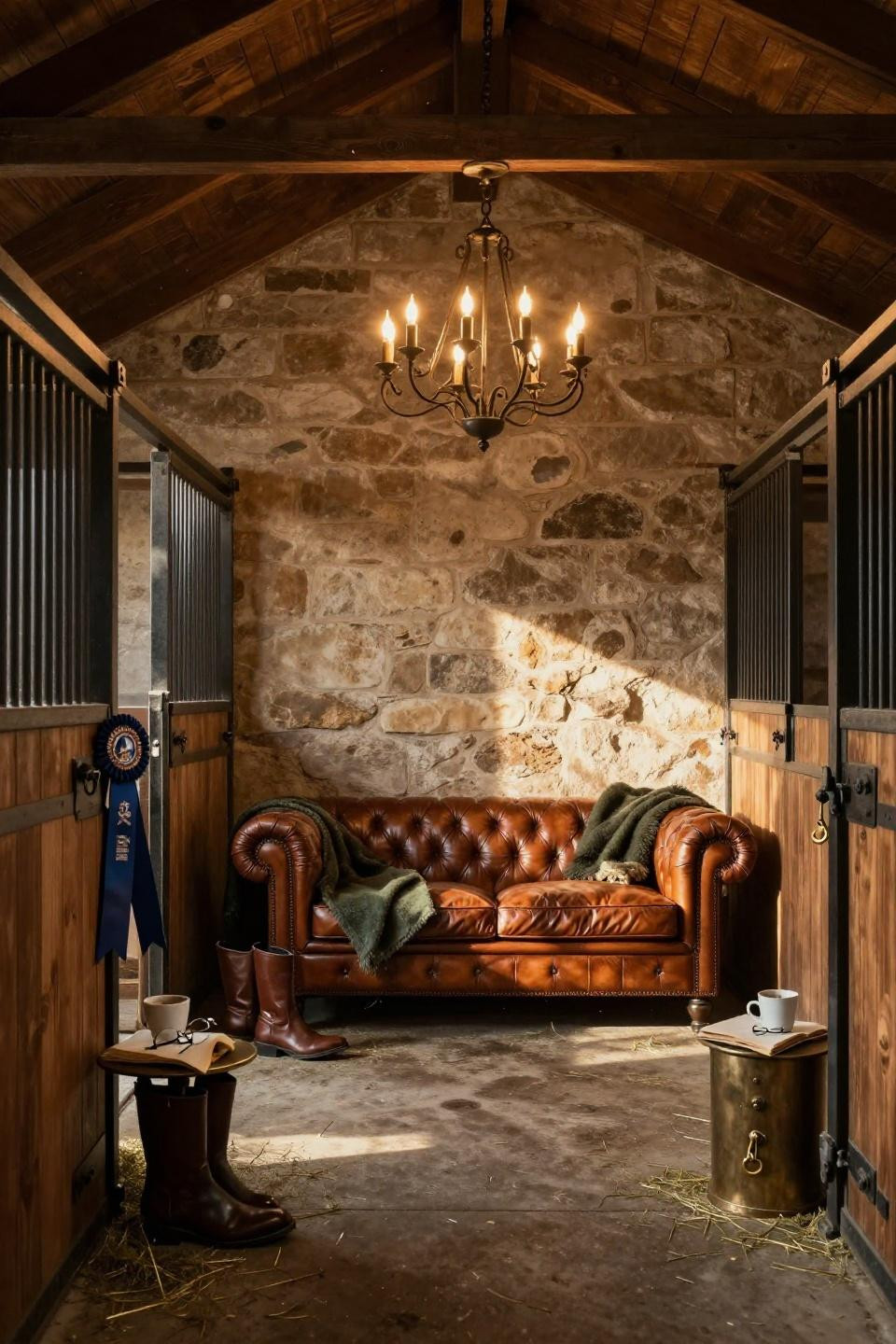 horse barn interior with cognac leather chesterfield sofa against limestone wall and wrought iron chandelier in kentucky estate