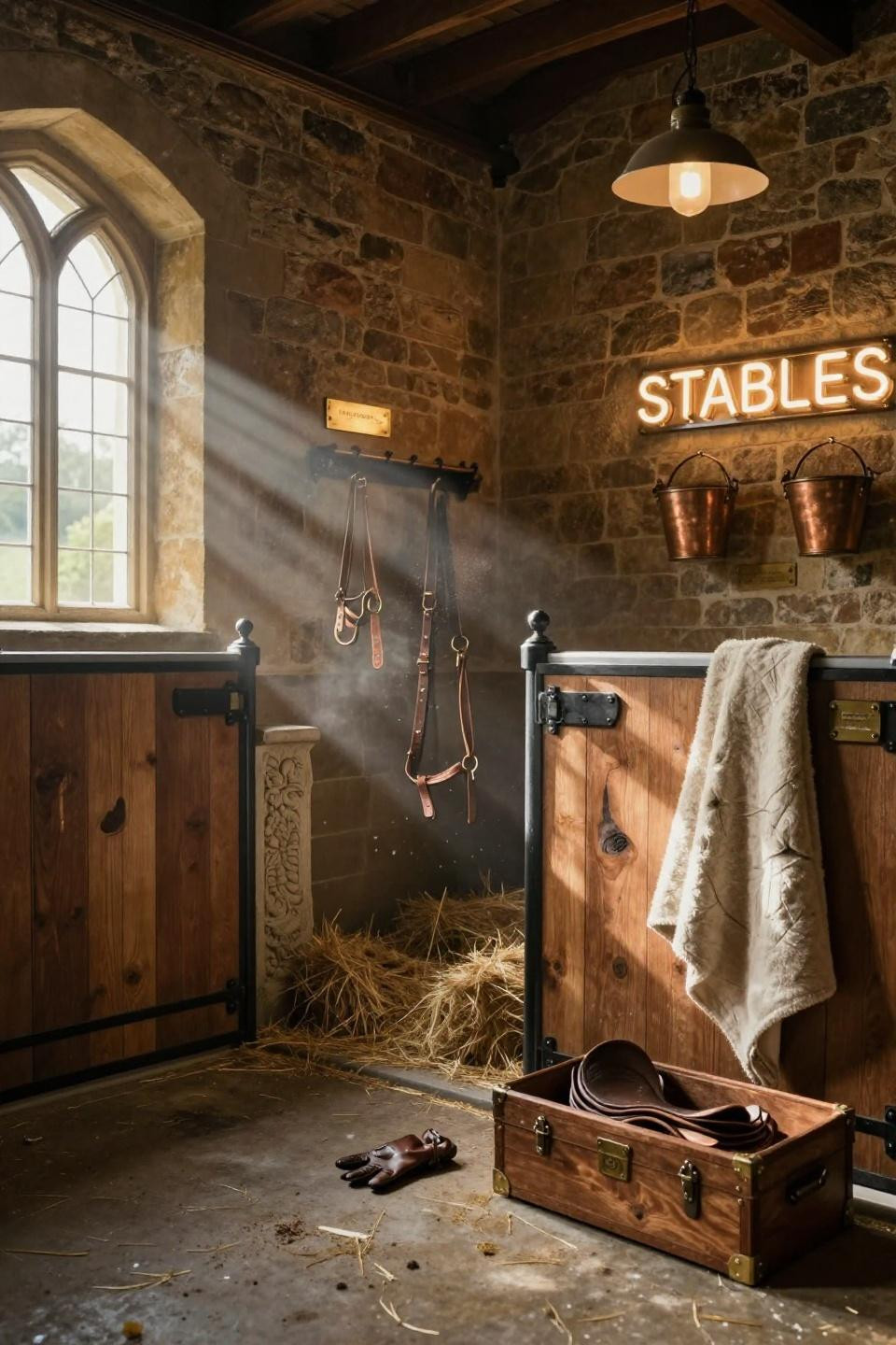 simple horse barns with hand carved limestone mounting block and honey toned reclaimed oak stall fronts with wrought iron details