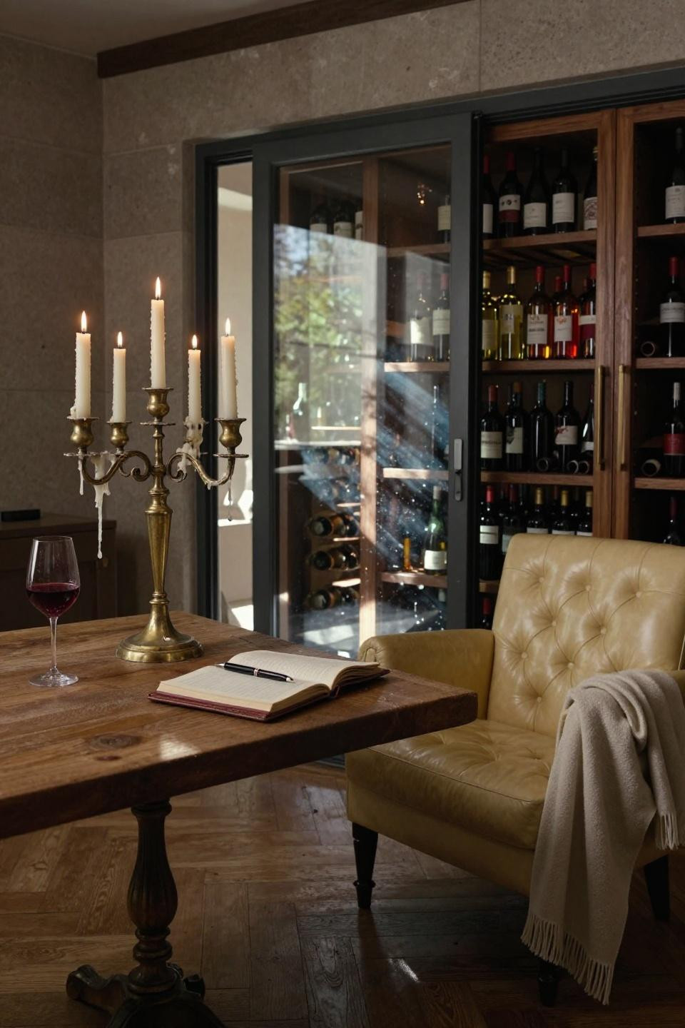 luxury horse stables with temperature controlled wine cellar beneath stable featuring herringbone parquet and unlacquered brass candelabra