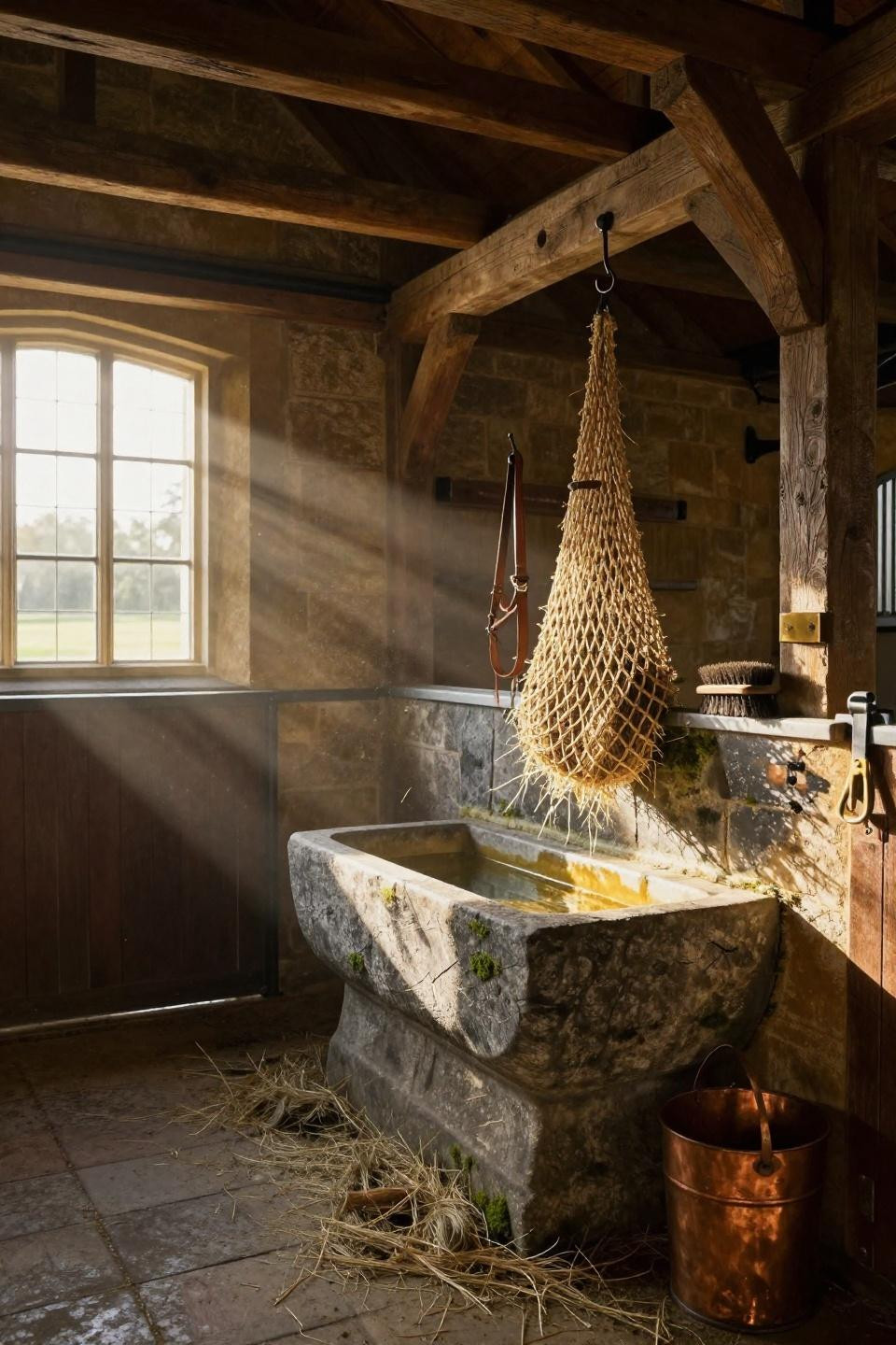 horse barn interior with braided hay net and hand-carved limestone trough in cotswolds timber-framed stable aisle
