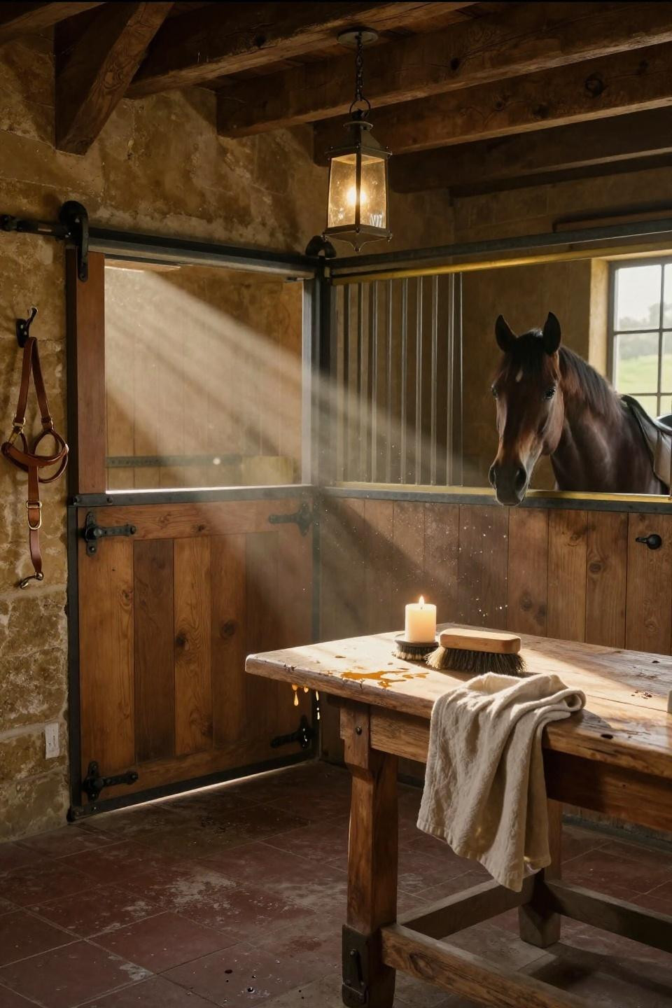 modern horse barn grooming station with hand-laid terracotta tile and unlacquered brass hardware in cotswolds heritage stable