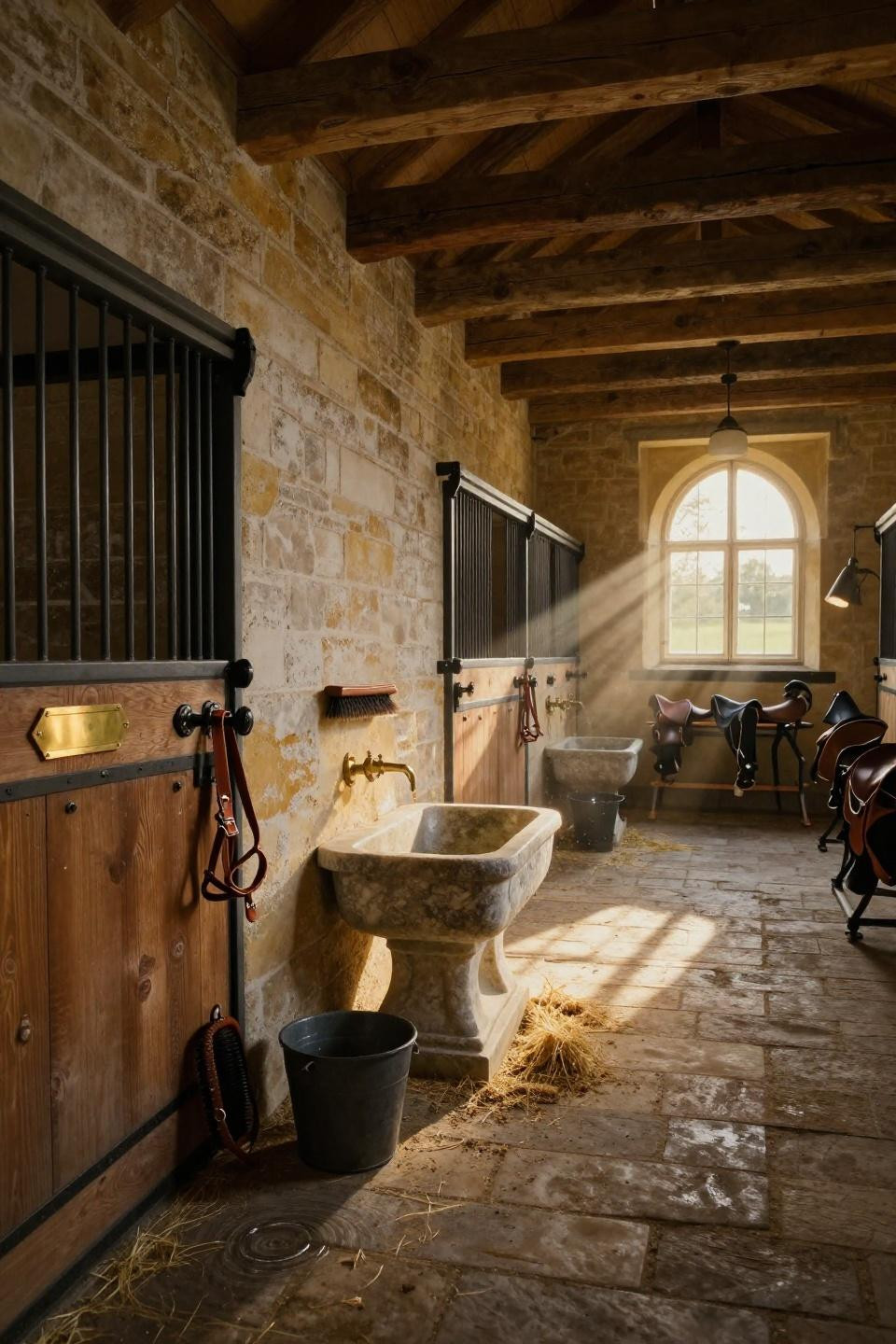 horse barn layout with aged cobblestone flooring and hand forged iron hardware on reclaimed oak stall fronts in cotswolds manor