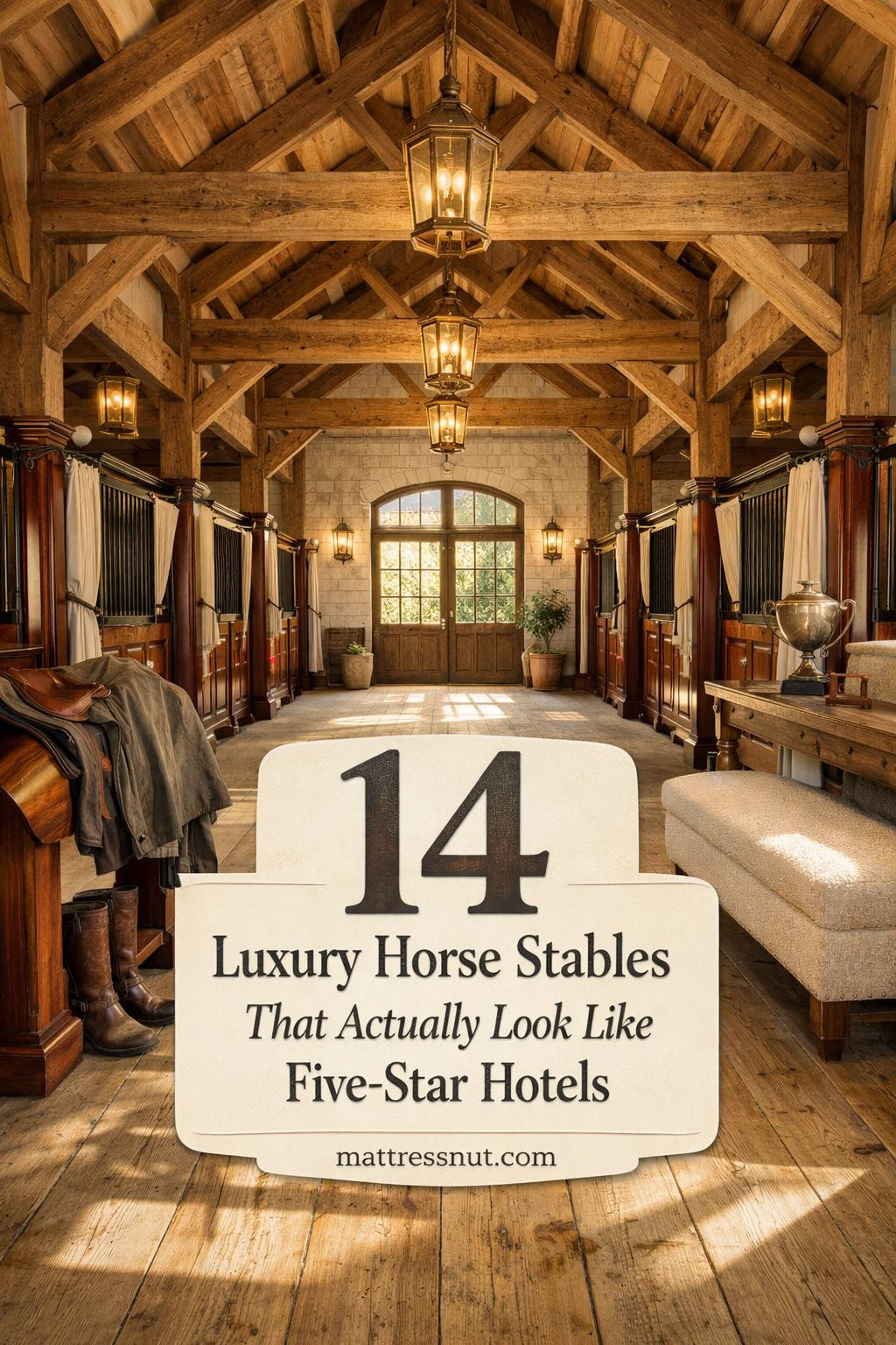 Elegant horse stable interior featuring polished wood stalls, crystal chandeliers, marble floors, and designer finishes