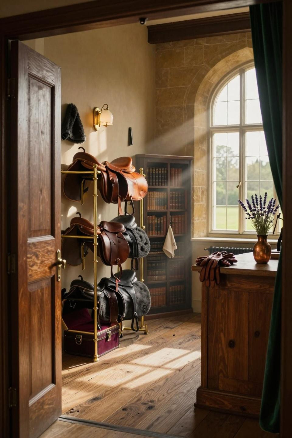 dream horse barns featuring floor to ceiling unlacquered brass saddle racks and hidden door behind equestrian journal shelving