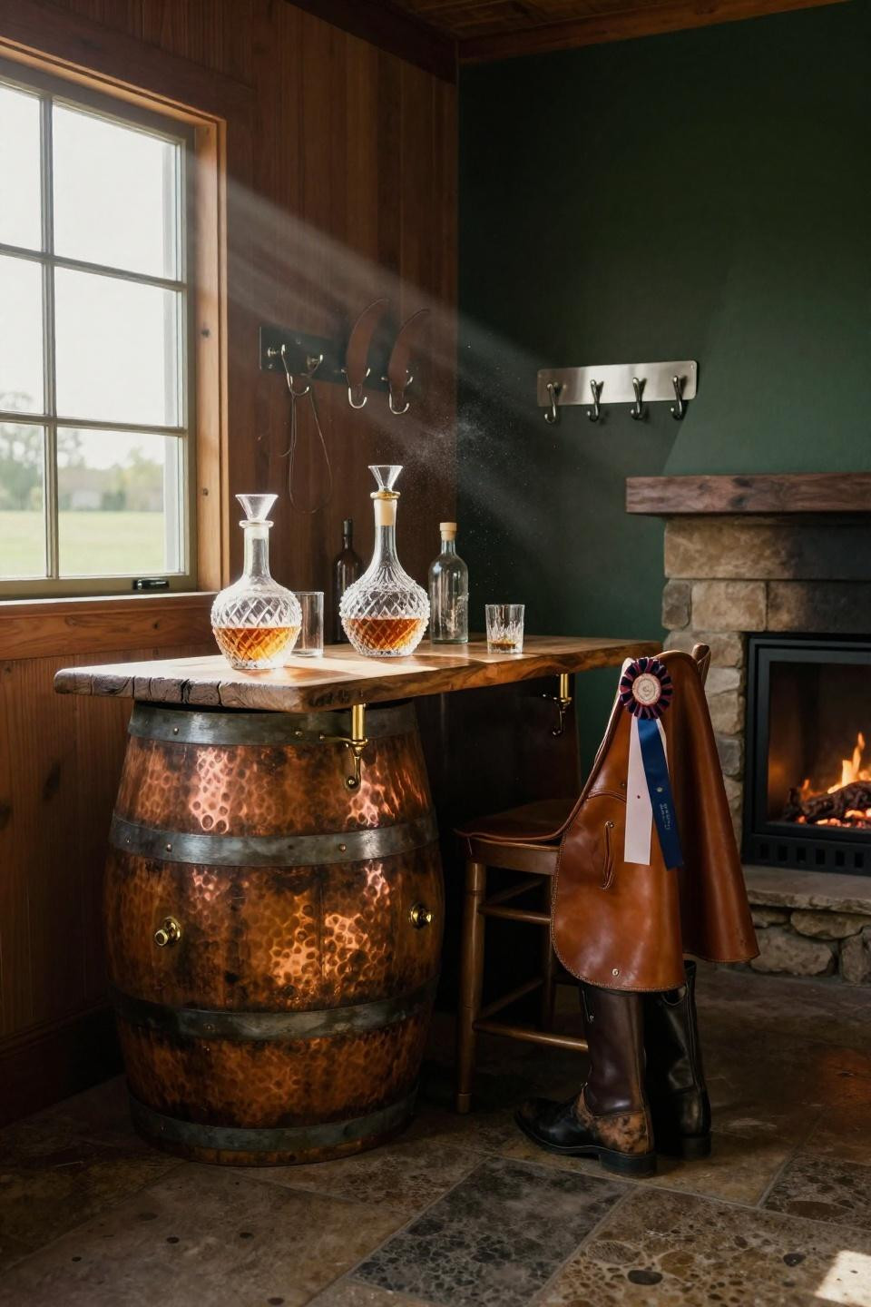 horse stables design with reclaimed bourbon barrel cocktail station and unlacquered brass hardware in kentucky bluegrass estate