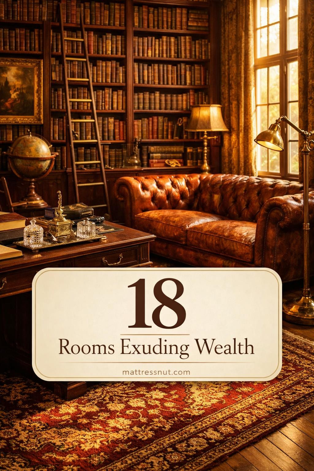 Elegant mansion interior featuring rich weathered leather furniture, warm golden afternoon sunlight streaming through windows