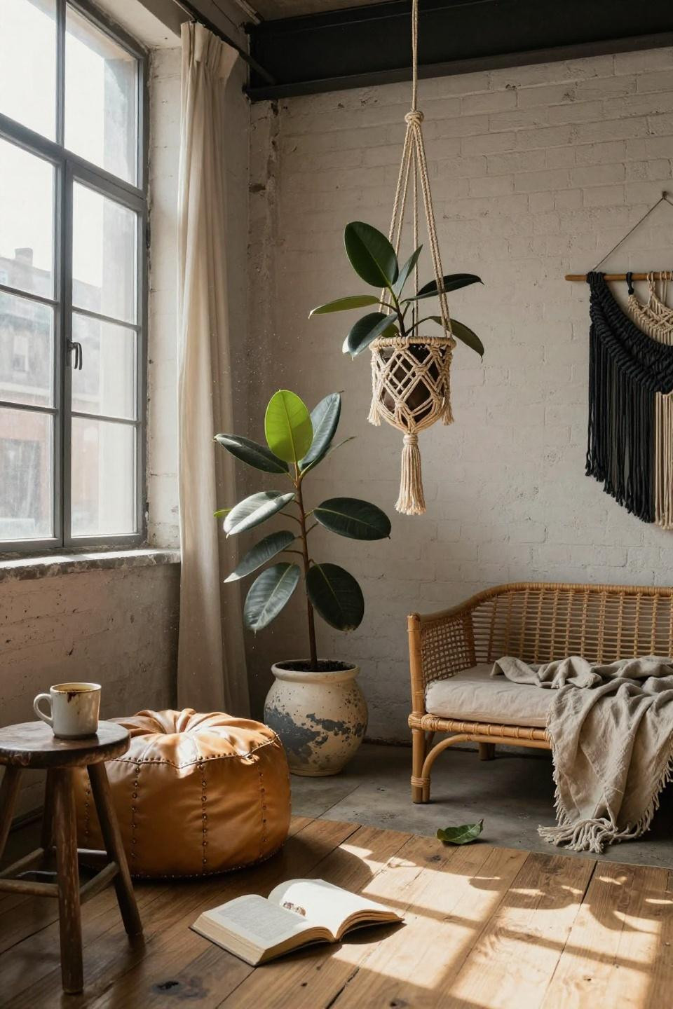 lush rubber plant in hand-knotted macrame plant hanger with geometric diamond patterns and fringe tassels in bohemian living room