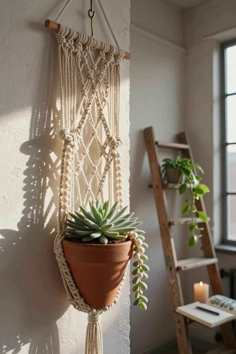 string of pearls succulent in hand-knotted cotton macrame hanger with intricate diamond patterns on whitewashed brick wall