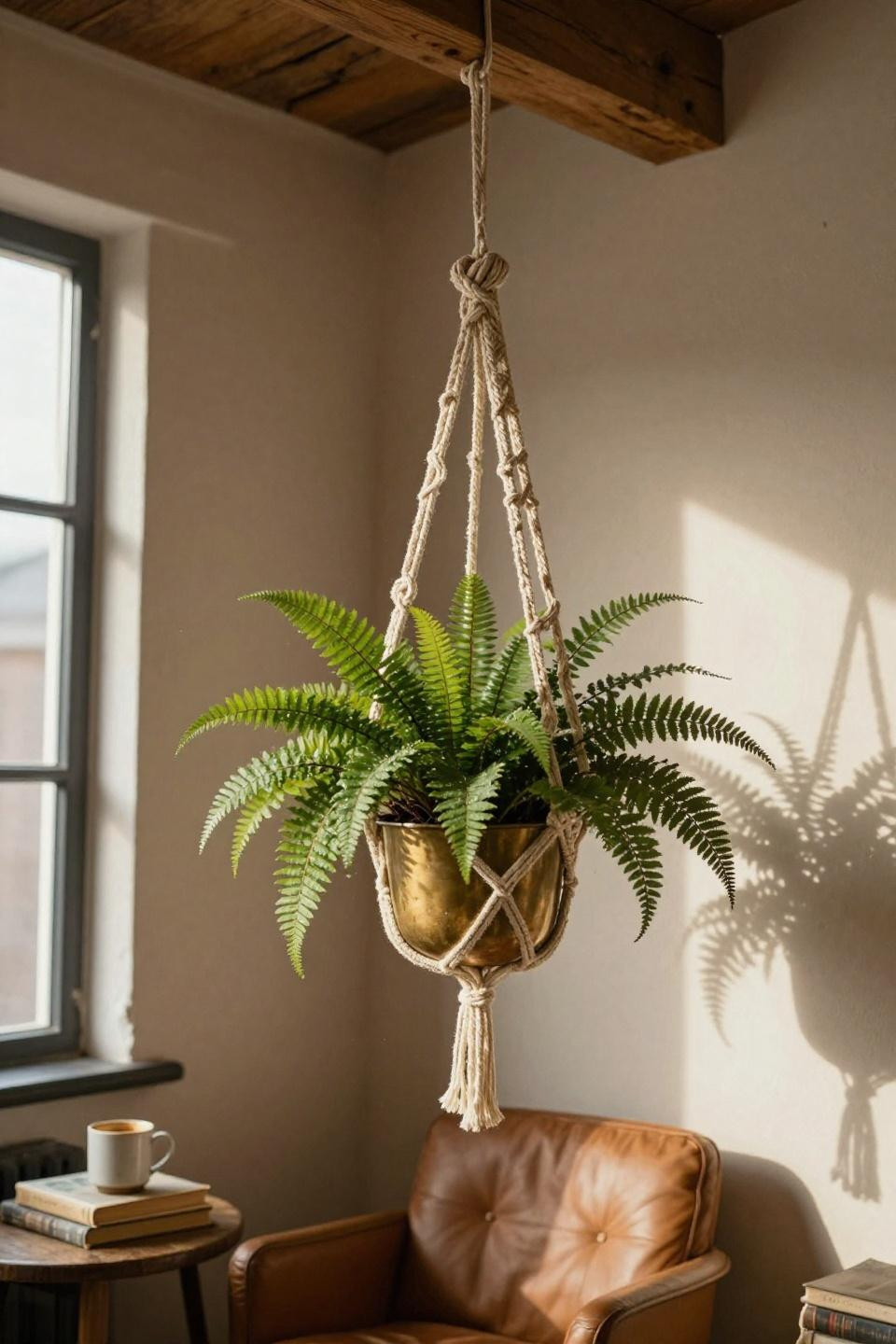 cascading boston fern in vintage unlacquered brass planter suspended by ivory macrame with geometric knotwork patterns
