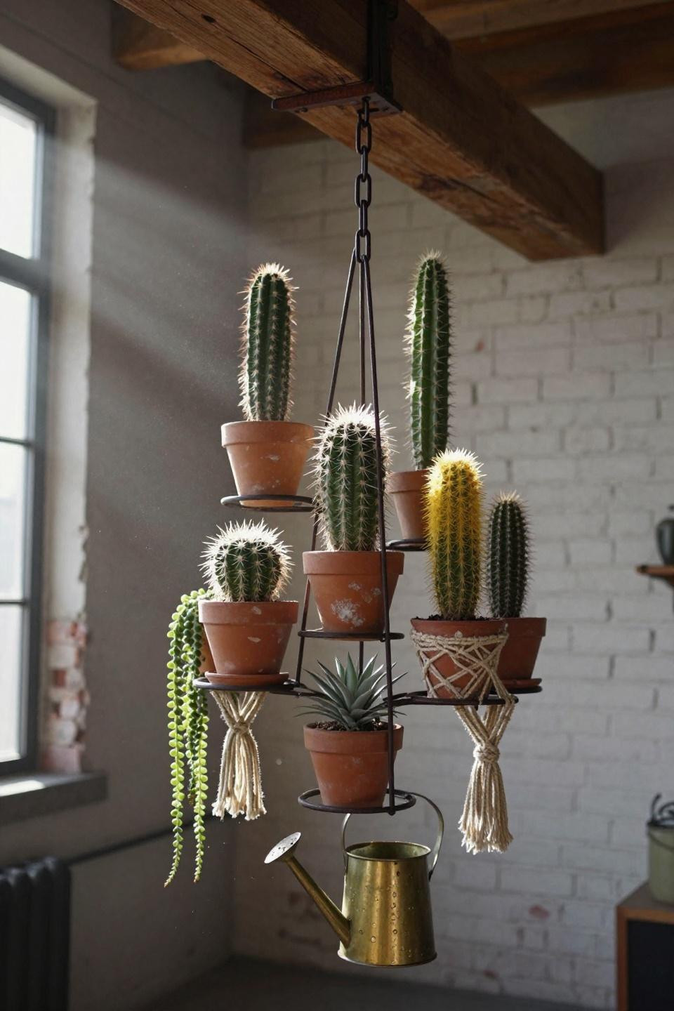 sculptural cactus collection on hand-welded blackened steel tiered stand with macrame hangers and trailing string-of-pearls