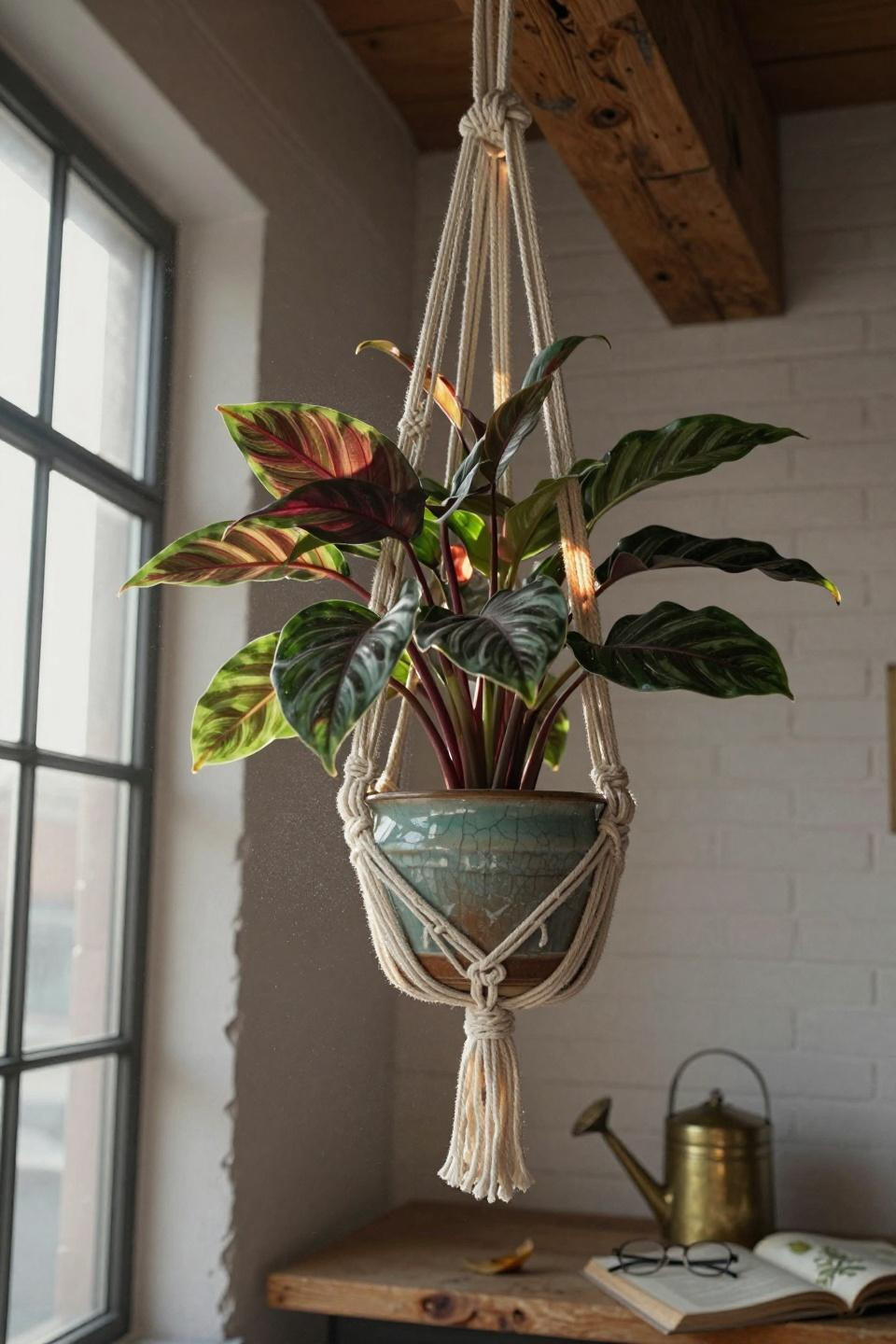 maranta prayer plant with burgundy undersides in natural cotton macrame hanger suspended from rough-hewn oak ceiling beam