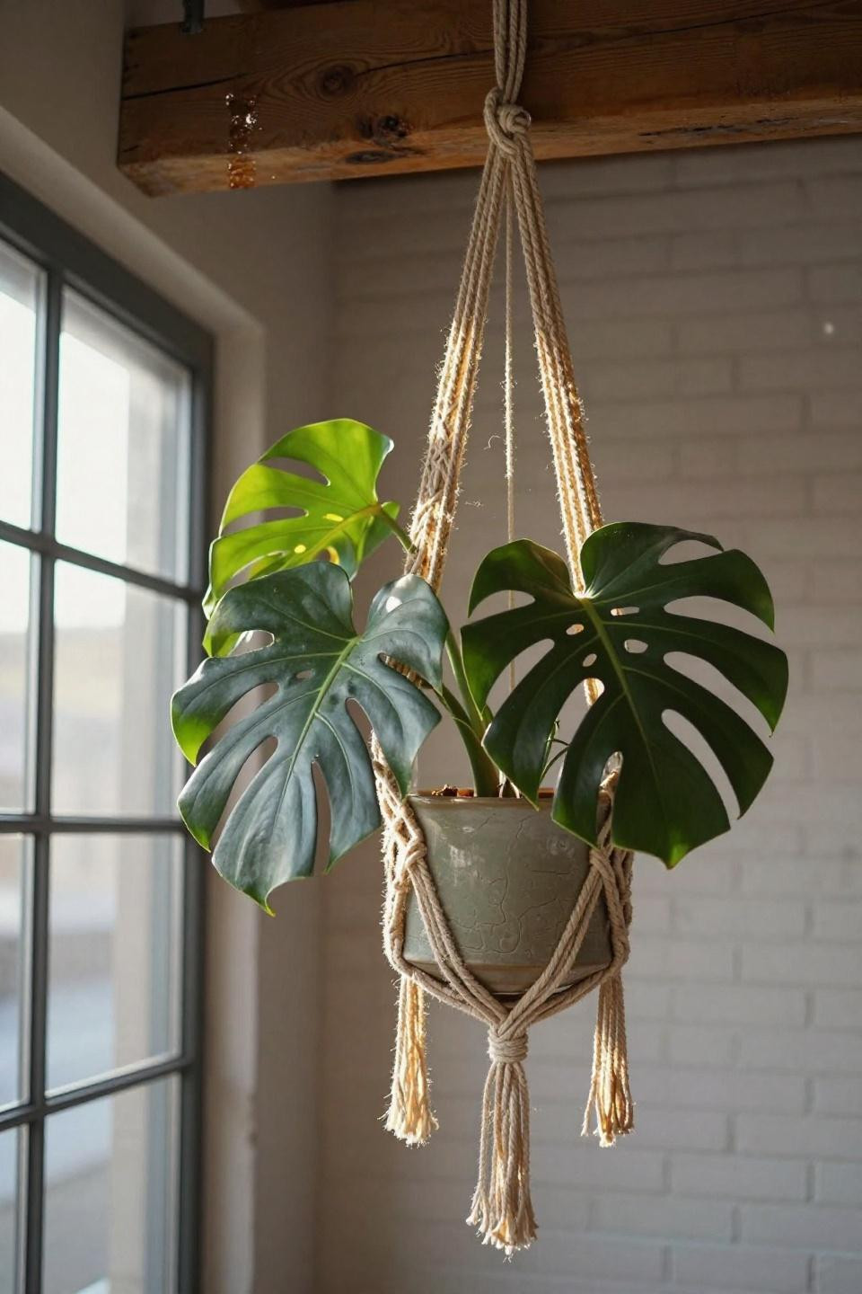 monstera deliciosa in matte sage ceramic pot suspended by thick jute macrame with geometric diamond knotwork and fringe