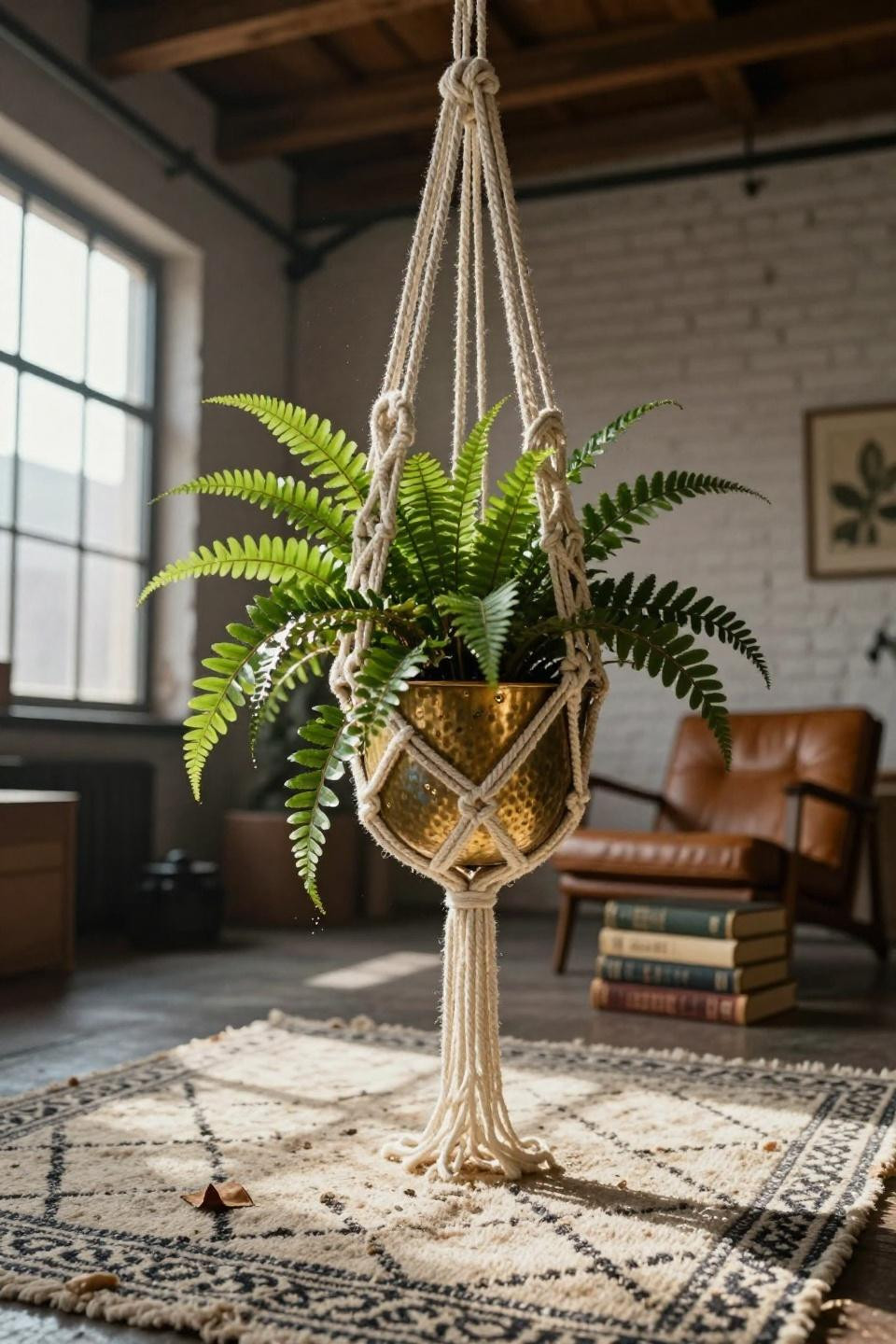 cascading boston fern in hammered vintage brass planter suspended by ivory macrame with diamond knotwork patterns