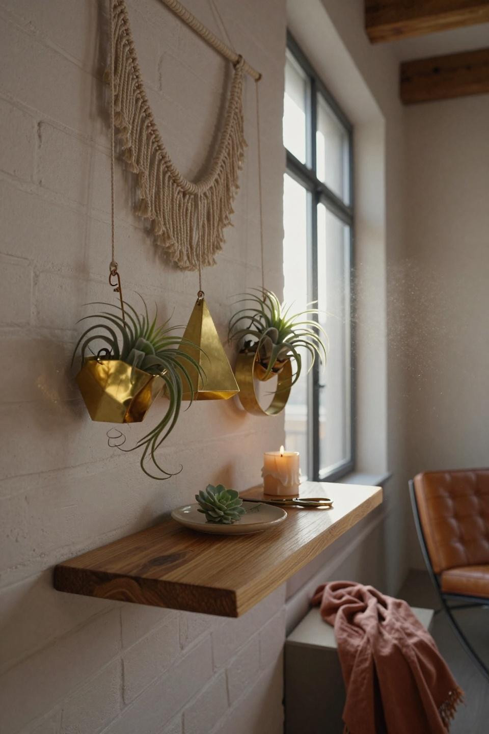 hand-forged brass geometric plant holders with tillandsia air plants mounted on reclaimed teak floating shelf